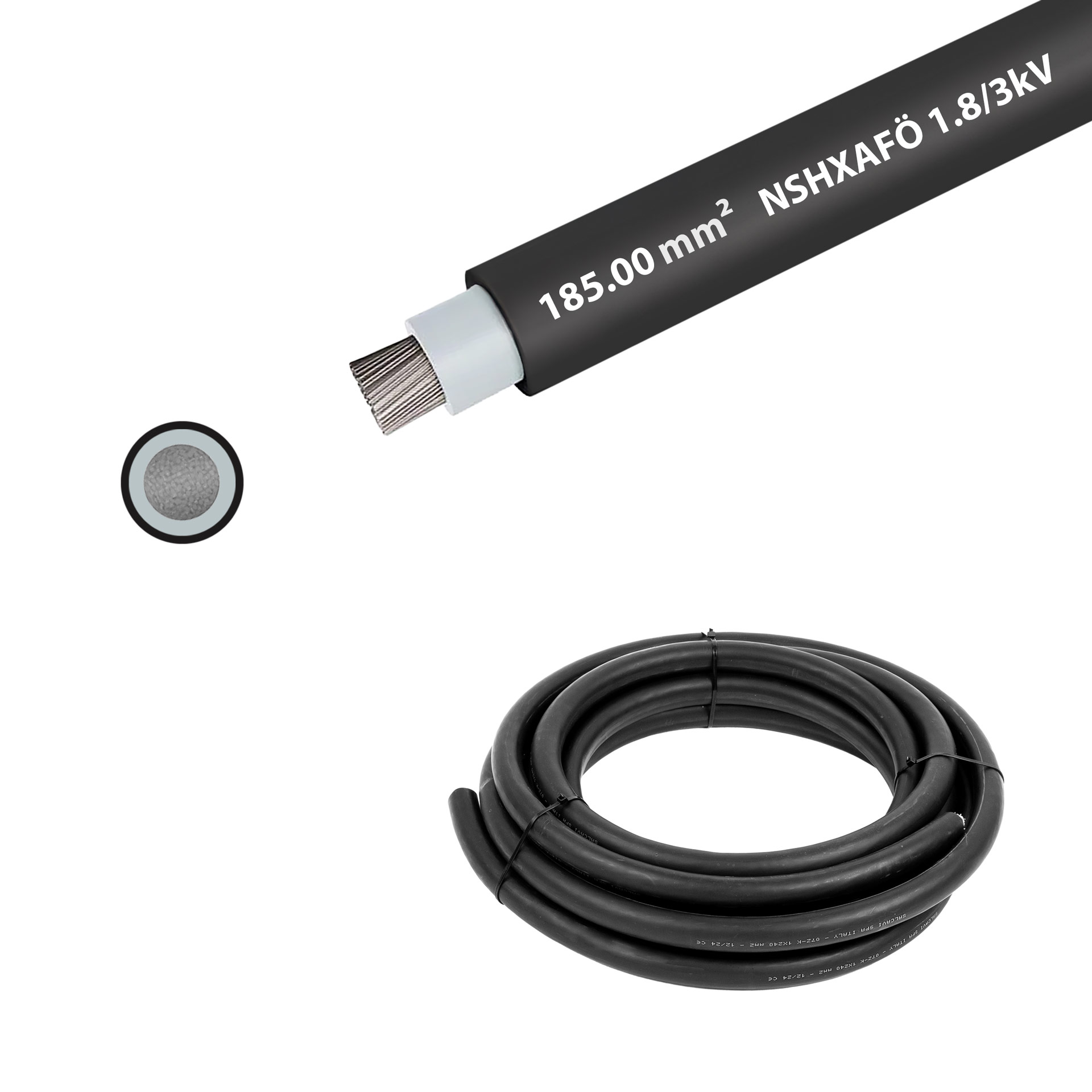 Hochspannungslitze verzinnt NSHXAFÖ 1.8/3kV, 185mm2, halogenfrei, schwarz, Ring à 10m