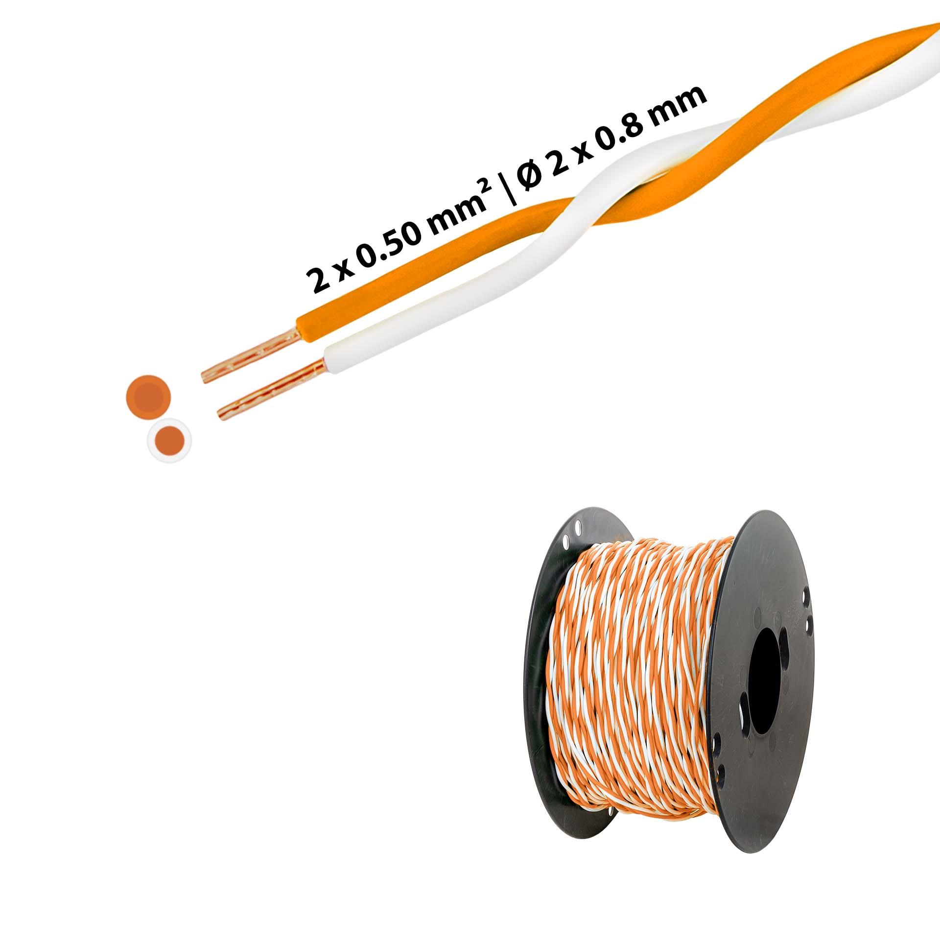 Verdrillter T-Draht 2 x 0.5mm2, weiss-orange, auf Kunststoffrolle