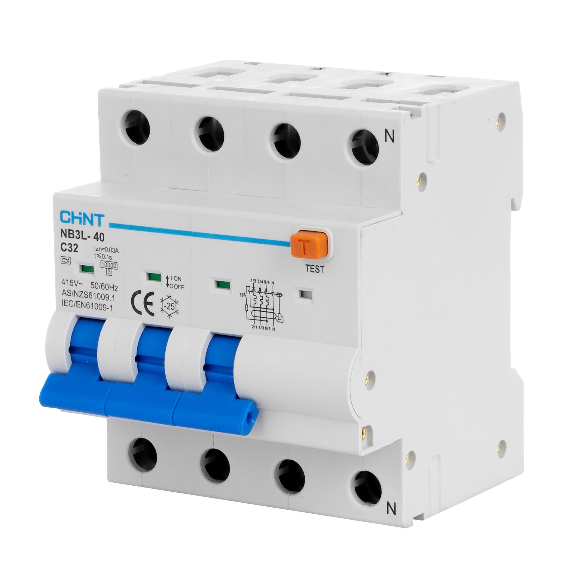 Chint FI/LS - RCBO, Typ A, 3P+N, Charakteristik C / 32A, 10kA, 30mA, Typ NB3L-40