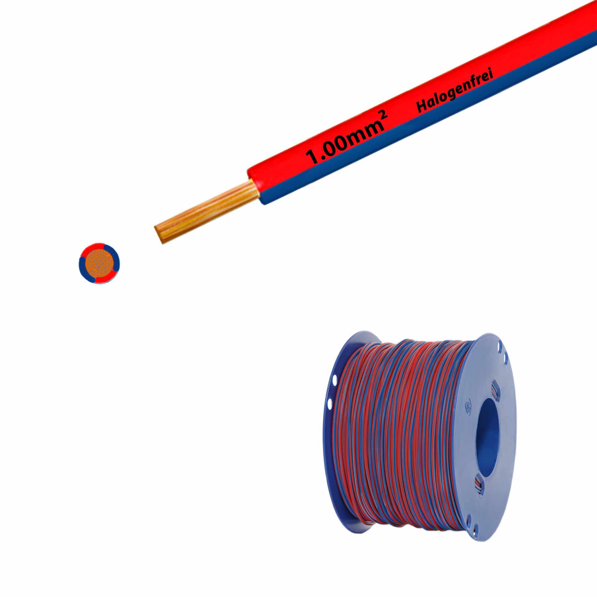 Litze halogenfrei 90° C , 500V, 1.00mm2, rot-dunkelblau (RAL 3000/5010), auf Kunststoffrolle