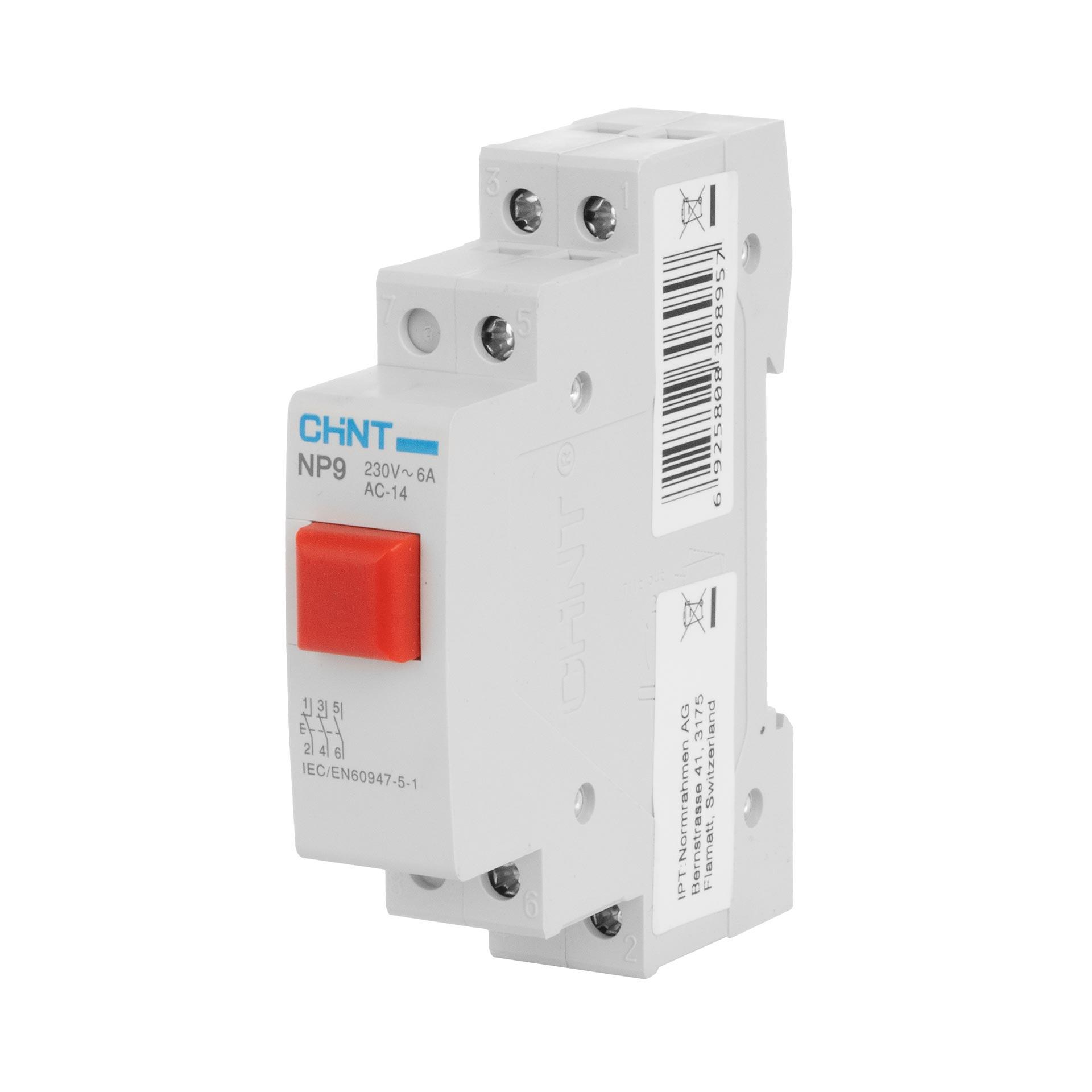 Chint REG Taster (rot), 1-Modul, 230V AC/DC, 16A (Ith), 6A (Ie),  1-Schlies. & 2-Öffn., Typ NP9-12/2