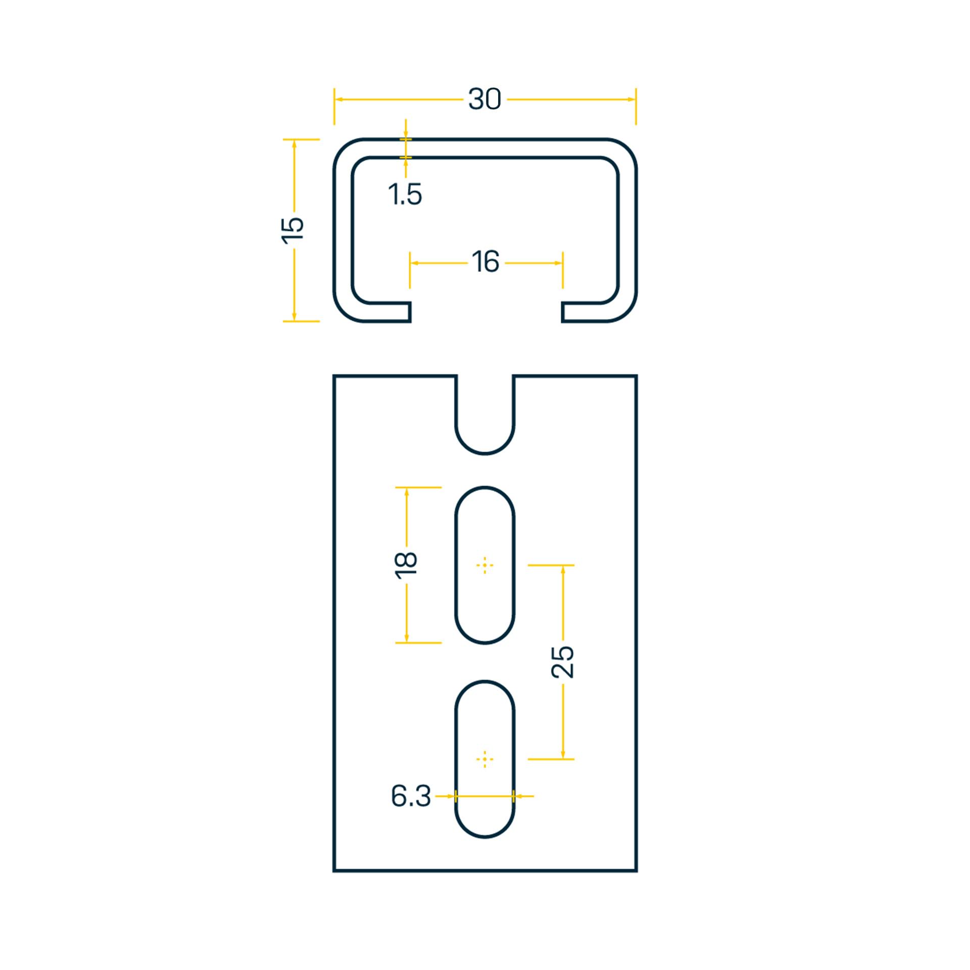 DIN C-Schiene 30x15mm, 2m Stange, verz. Stahl-passiviert, Langlöcher 6.3x18mm (Abstand 25mm)