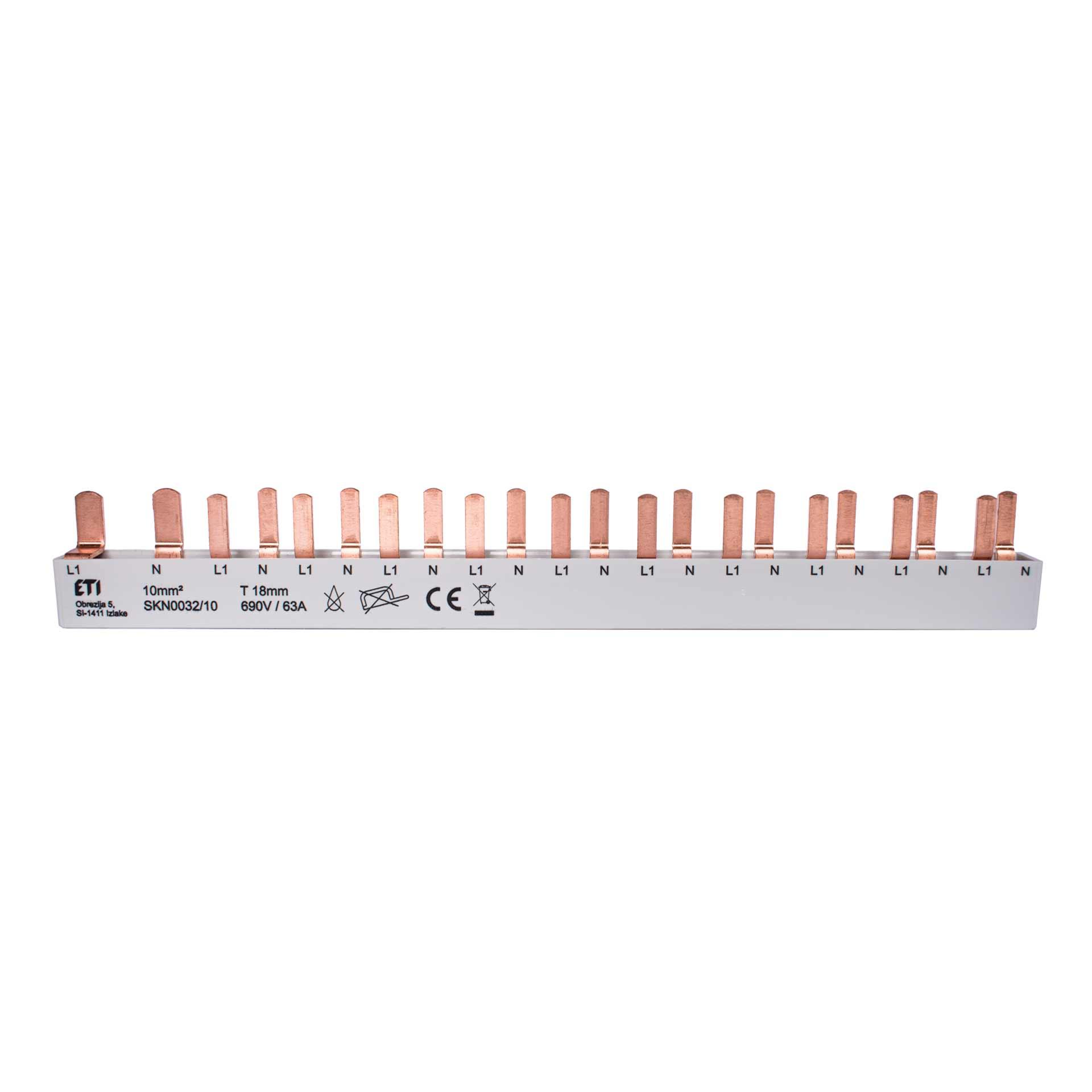 Isolierte Phasenschiene 10mm2, 63A (1x1PN-2MOD, 10x1PN-1MOD)