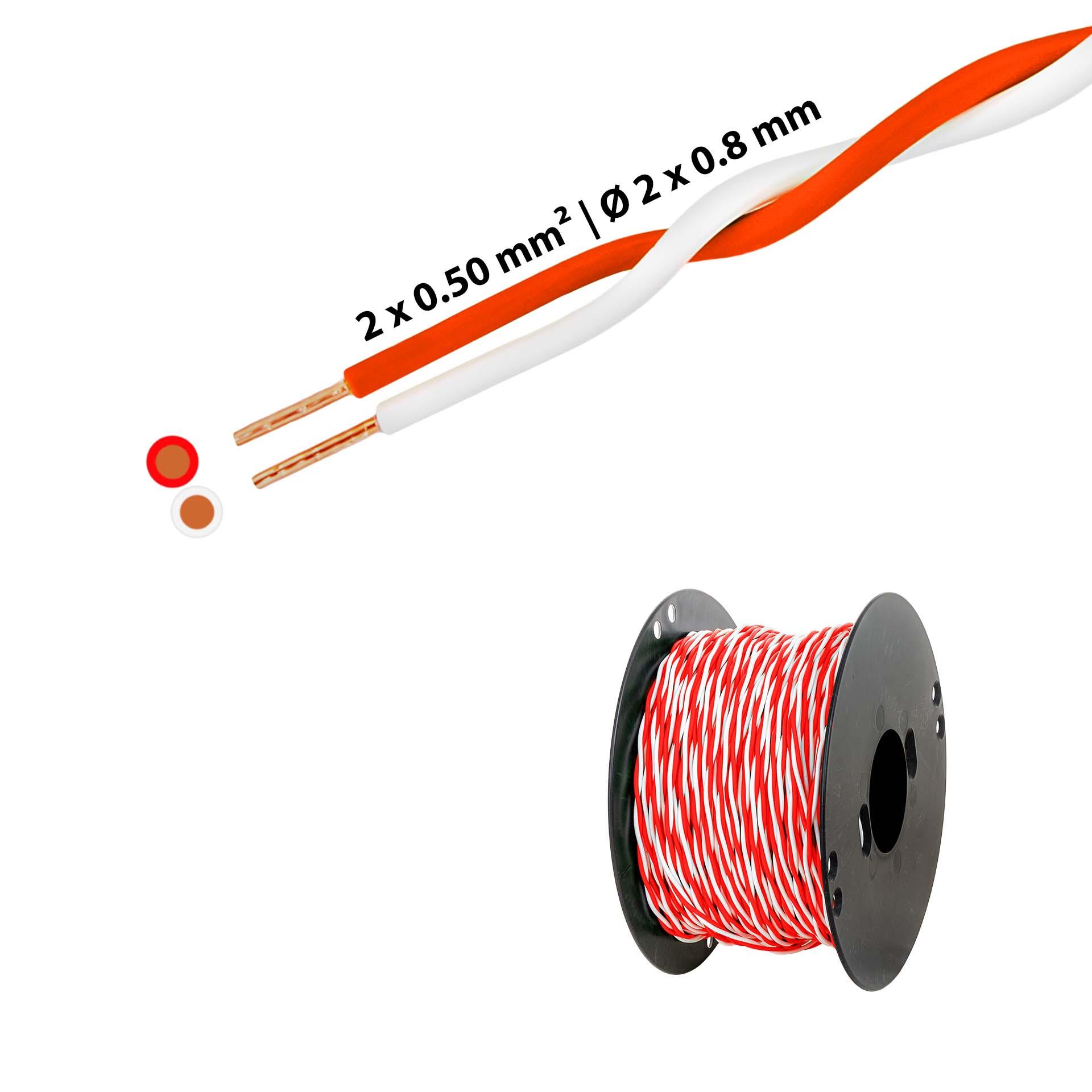 Verdrillter T-Draht 2 x 0.5mm2, weiss-rot, auf Kunststoffrolle