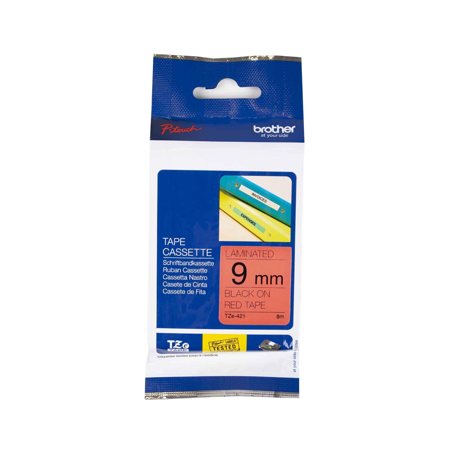 Schriftbandkassette Brother, 9mm x 8m, P-Touch TZE-421, Band rot / Schrift schwarz