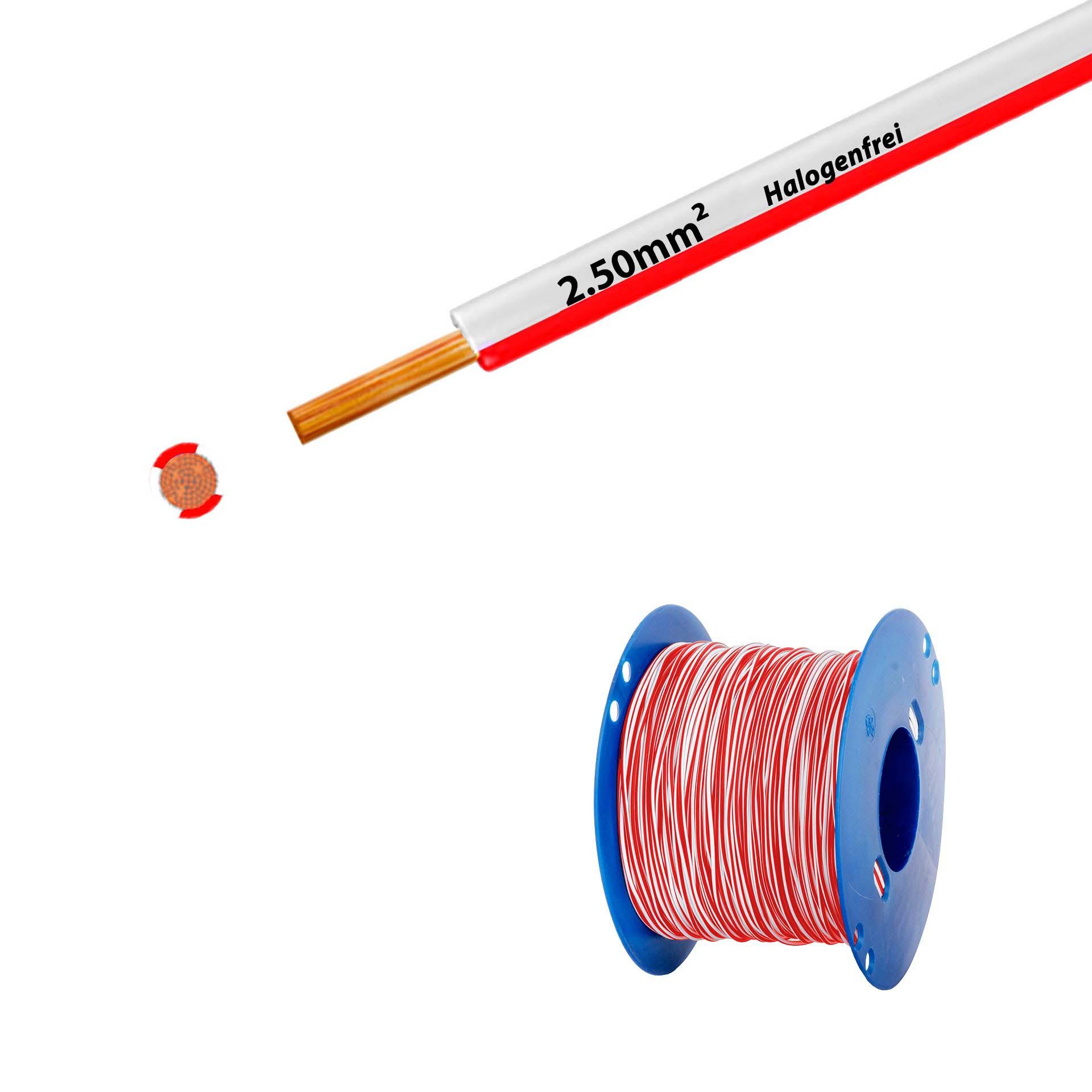 Litze halogenfrei 90° C , 750V, 2.50mm2, weiss-rot (RAL 9010/3000), auf Kunststoffrolle