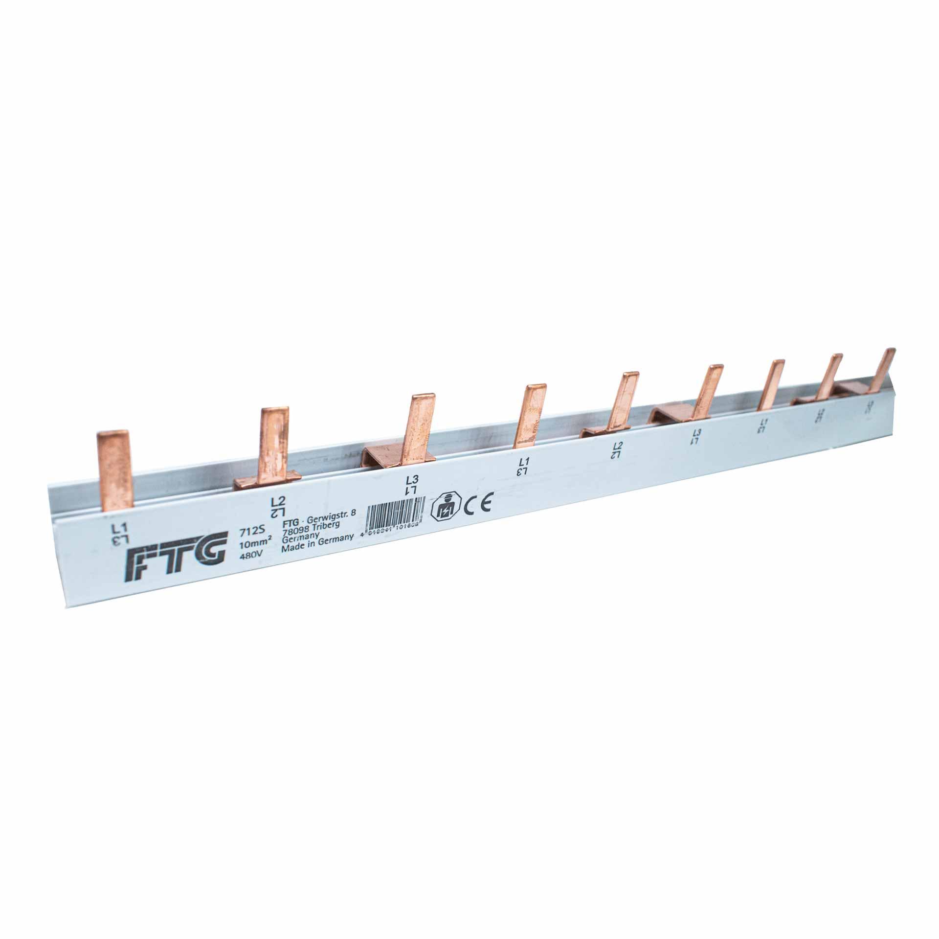 Isolierte Pin-Phasenschiene 10 mm², 63A, 1m,  P-P= 17.8 / 18 mm (L, H1, L, H1, L, H1...)