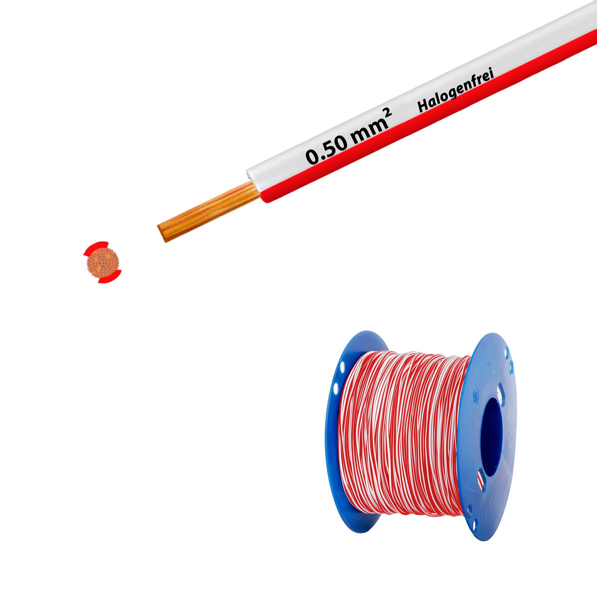 Litze halogenfrei 90° C , 500V, 0.50mm2, weiss-rot (RAL 9010/3000), auf Kunststoffrolle