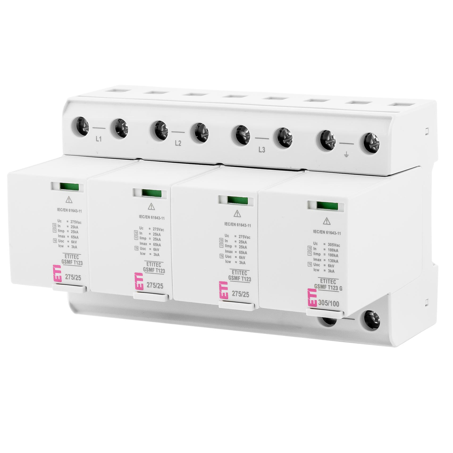 Überspannungsableiter Typ 1+2+3 mit integrierter Vorsicherung, 275/25 3+1 RC,Leckstromfrei,TN-S & TT