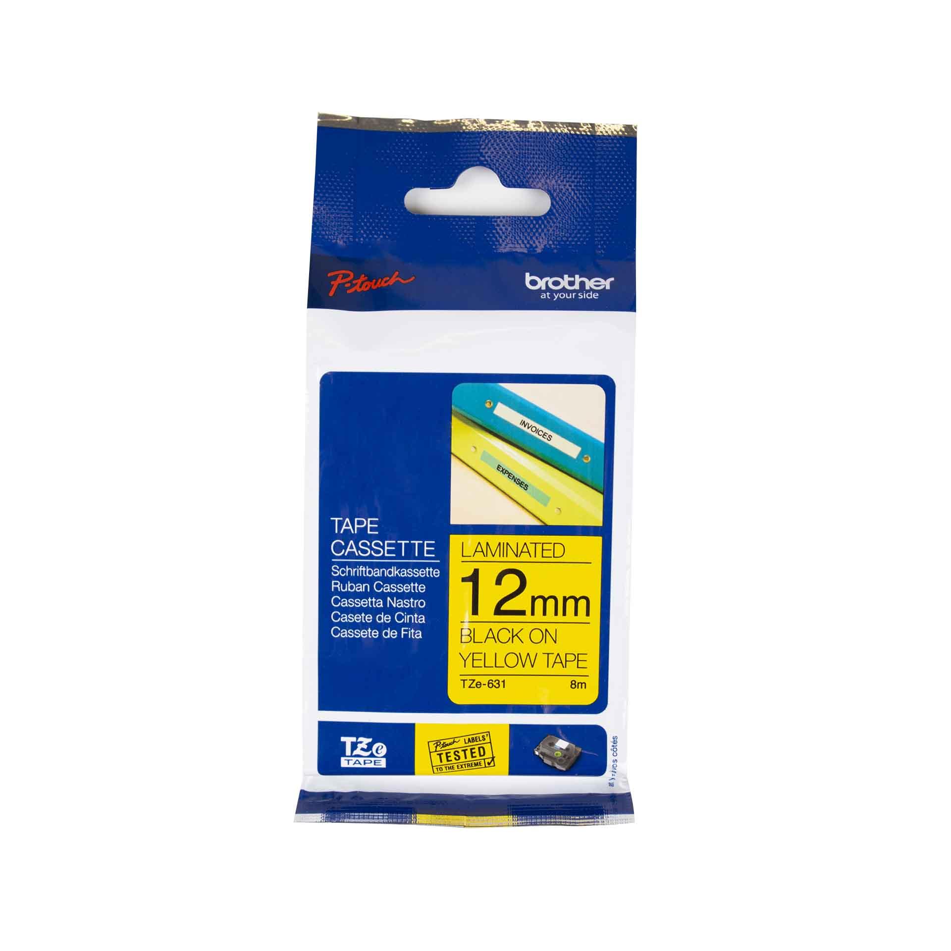 Schriftbandkassette Brother, 12mm x 8m, P-Touch TZE-631, Band gelb / Schrift schwarz