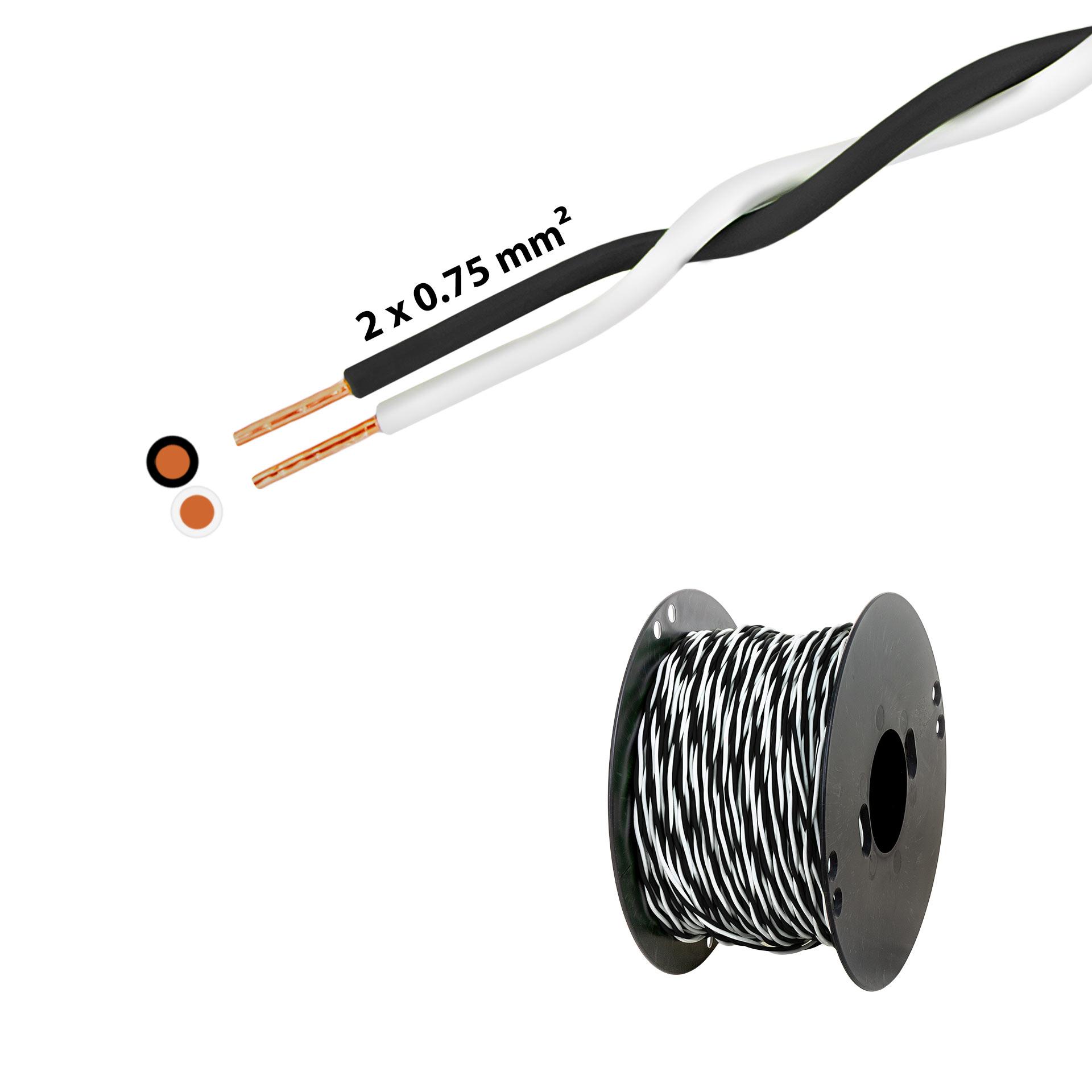 Verdrillter T-Draht 2 x 0.75mm2, weiss-schwarz, auf Kunststoffrolle