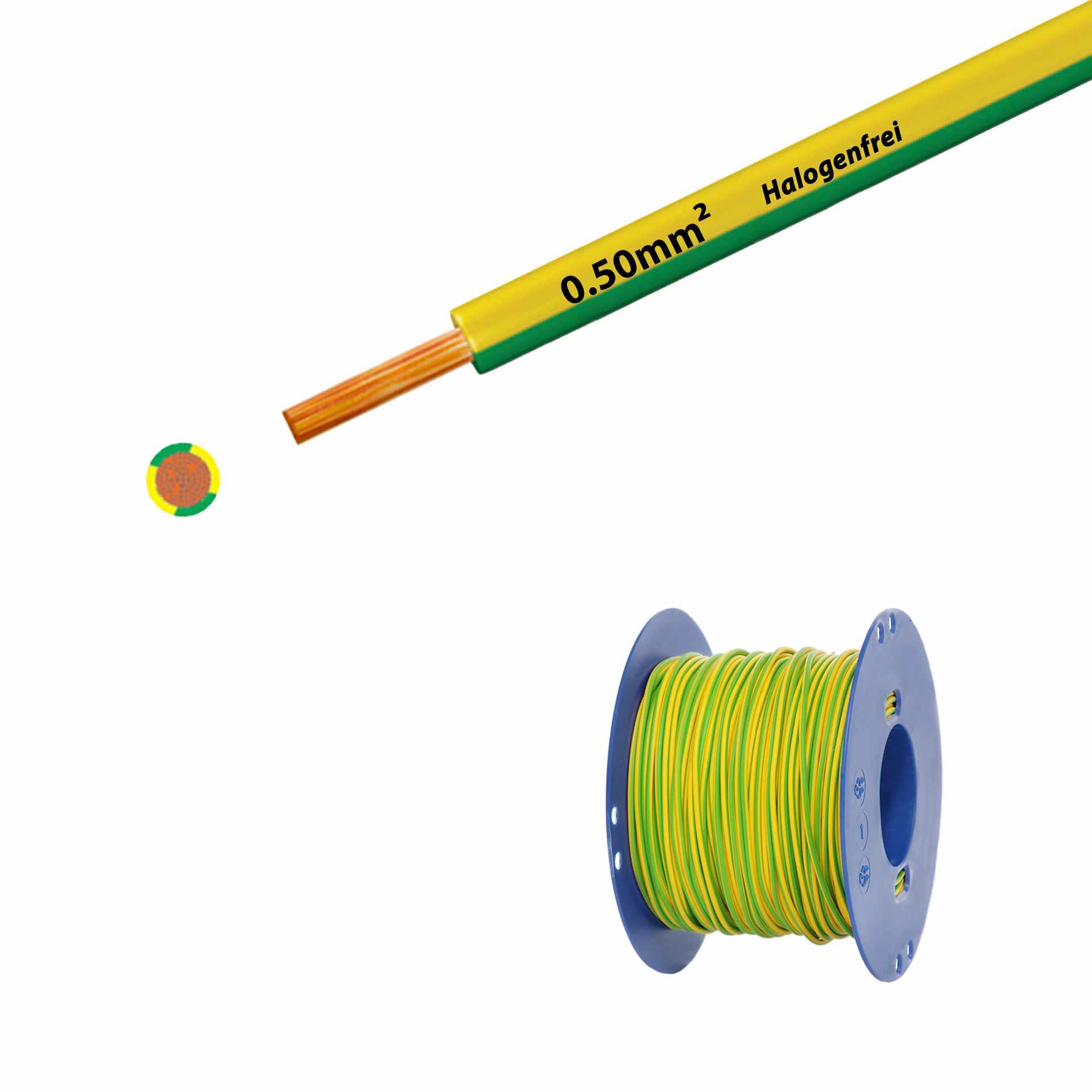 Litze halogenfrei 90° C , 500V, 0.50mm2, gelb-grün (RAL 1021/6018), auf Kunststoffrolle