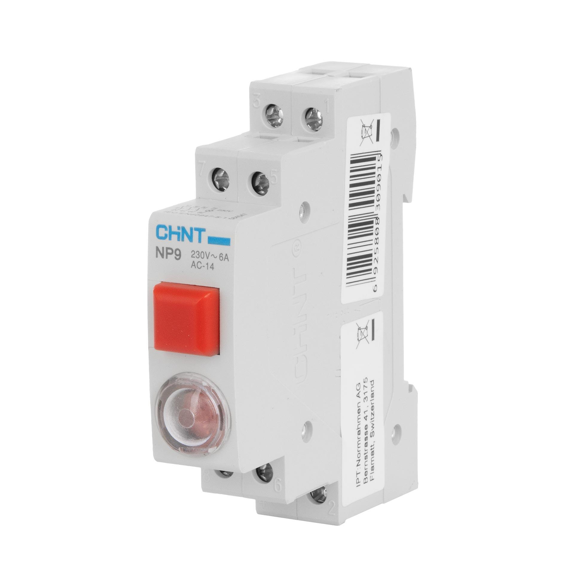Chint REG Taster und Signal-Lampe (LED), 1-Modul, 24V AC/DC, rot, 16A (Ith), 6A (Ie), 3-Schliesser