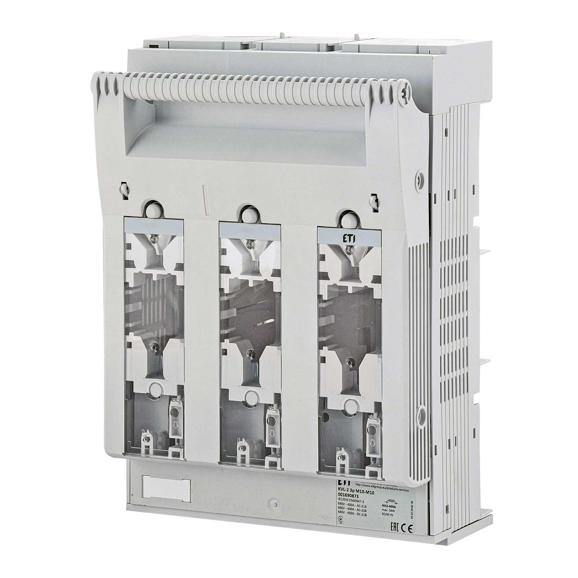 Sezionatore con fusibili NH taglia 2, 3P, max. 400A, KVL-2 M10-M10 (montaggio in superficie)