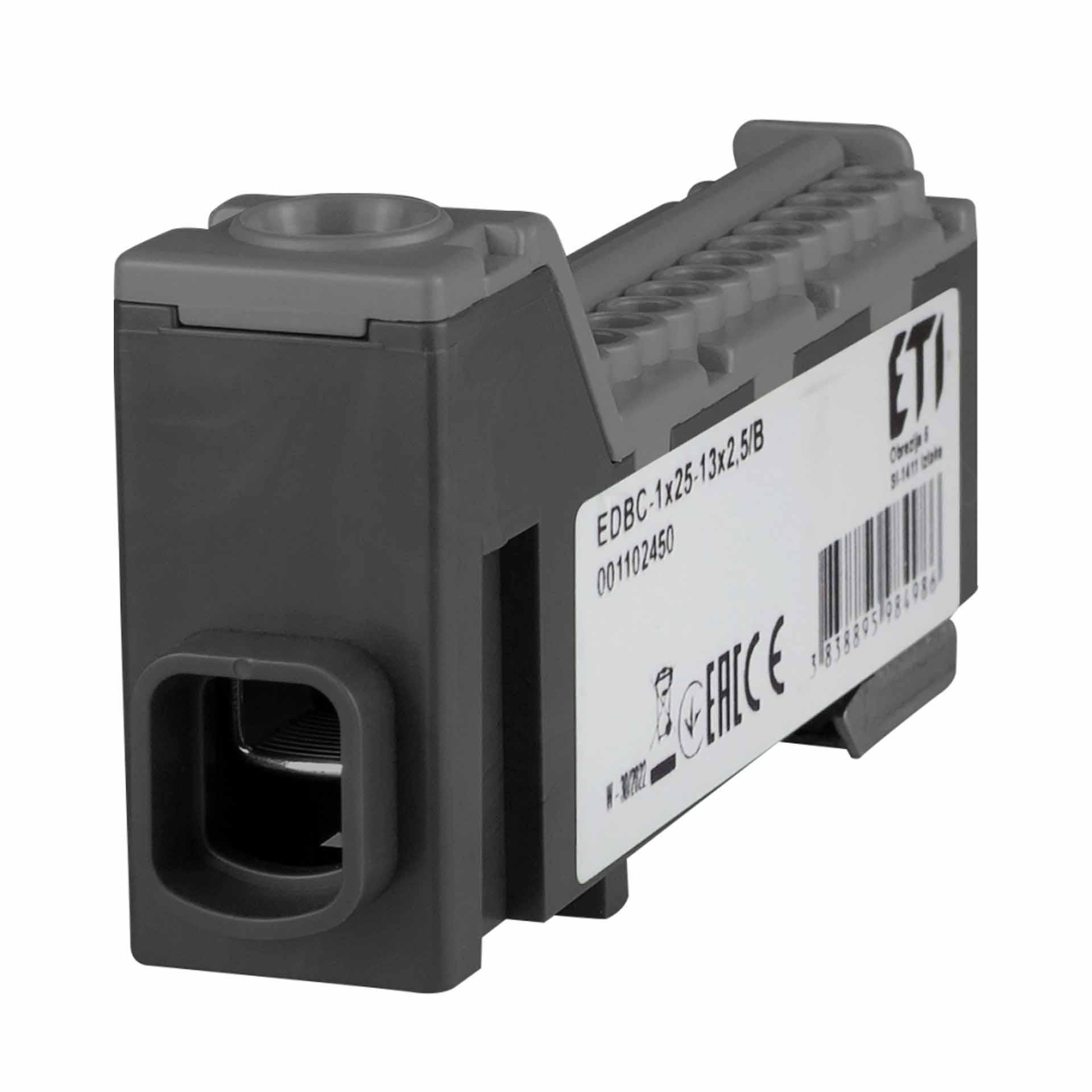 Klemmblock, schwarz, 63A, Eingang: 1x2.5-25mm² und Ausgänge: 13x2,5mm²