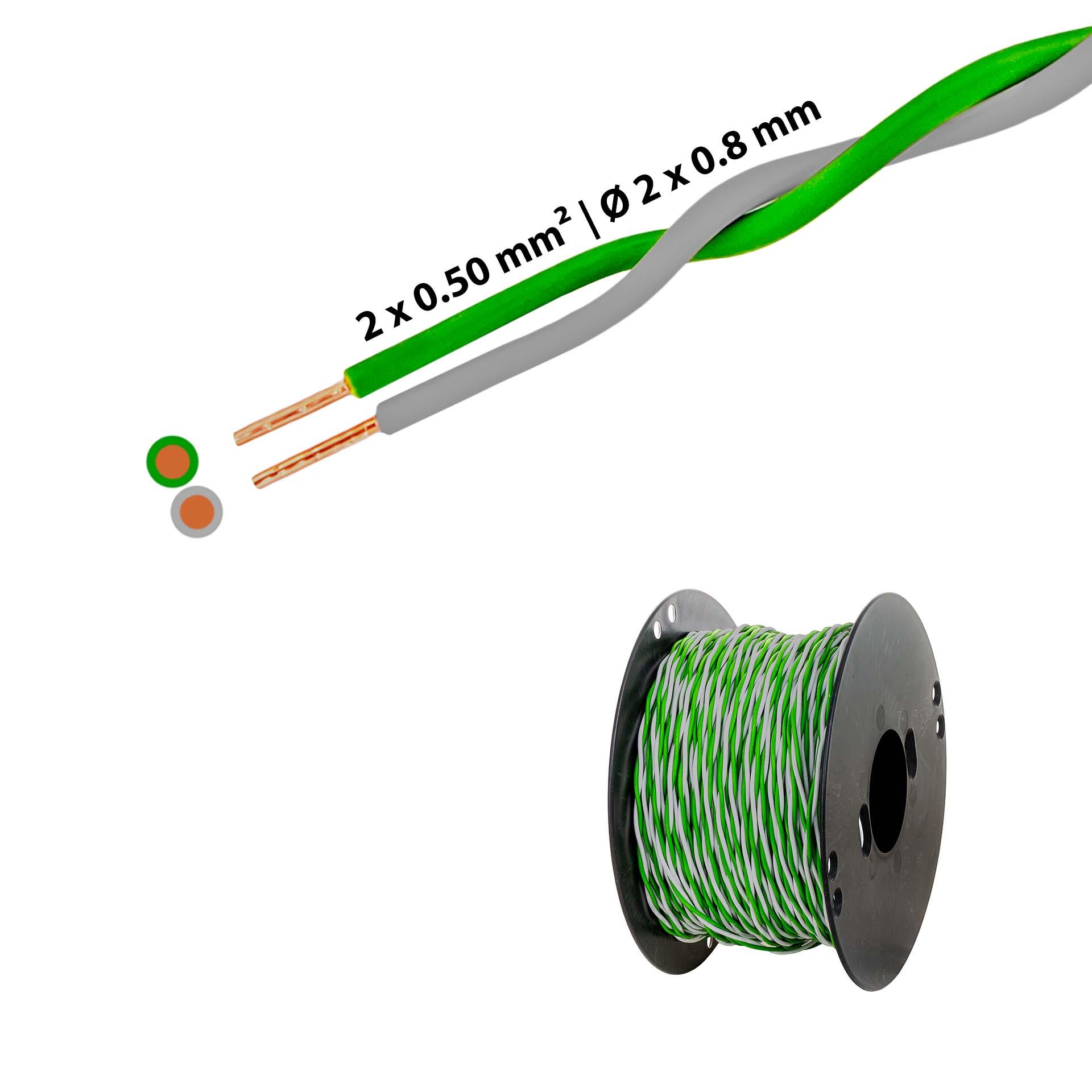 Verdrillter T-Draht 2 x 0.5mm2, grün-grau, auf Kunststoffrolle