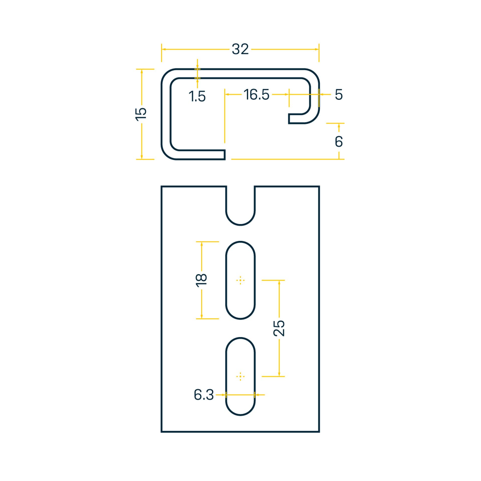 DIN G-Schiene 32x15mm, 2m Stange, Stahl verzinkt, Langlöcher 6.3x18mm (Abstand 25mm)