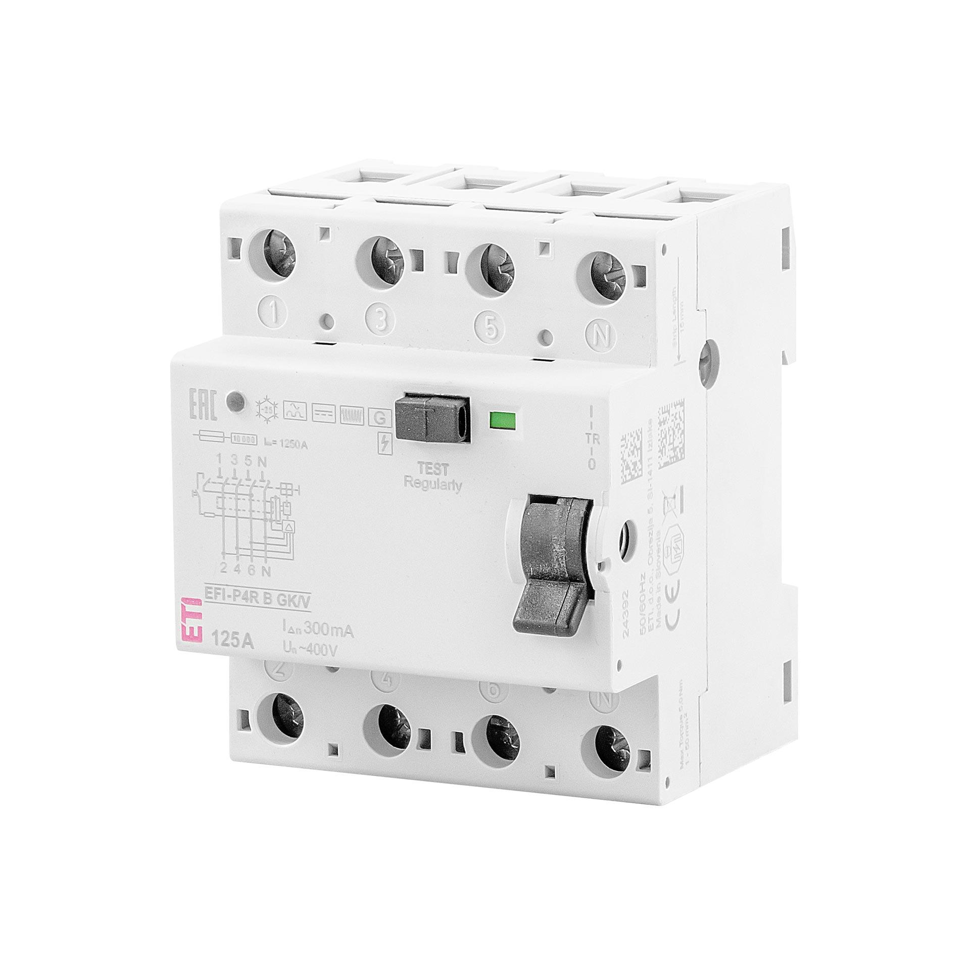 Residual current circuit-breaker, short-time delayed, EFI-P4R, type-B, G/KV, 4-pole, 125A, 10kA (0.3A)