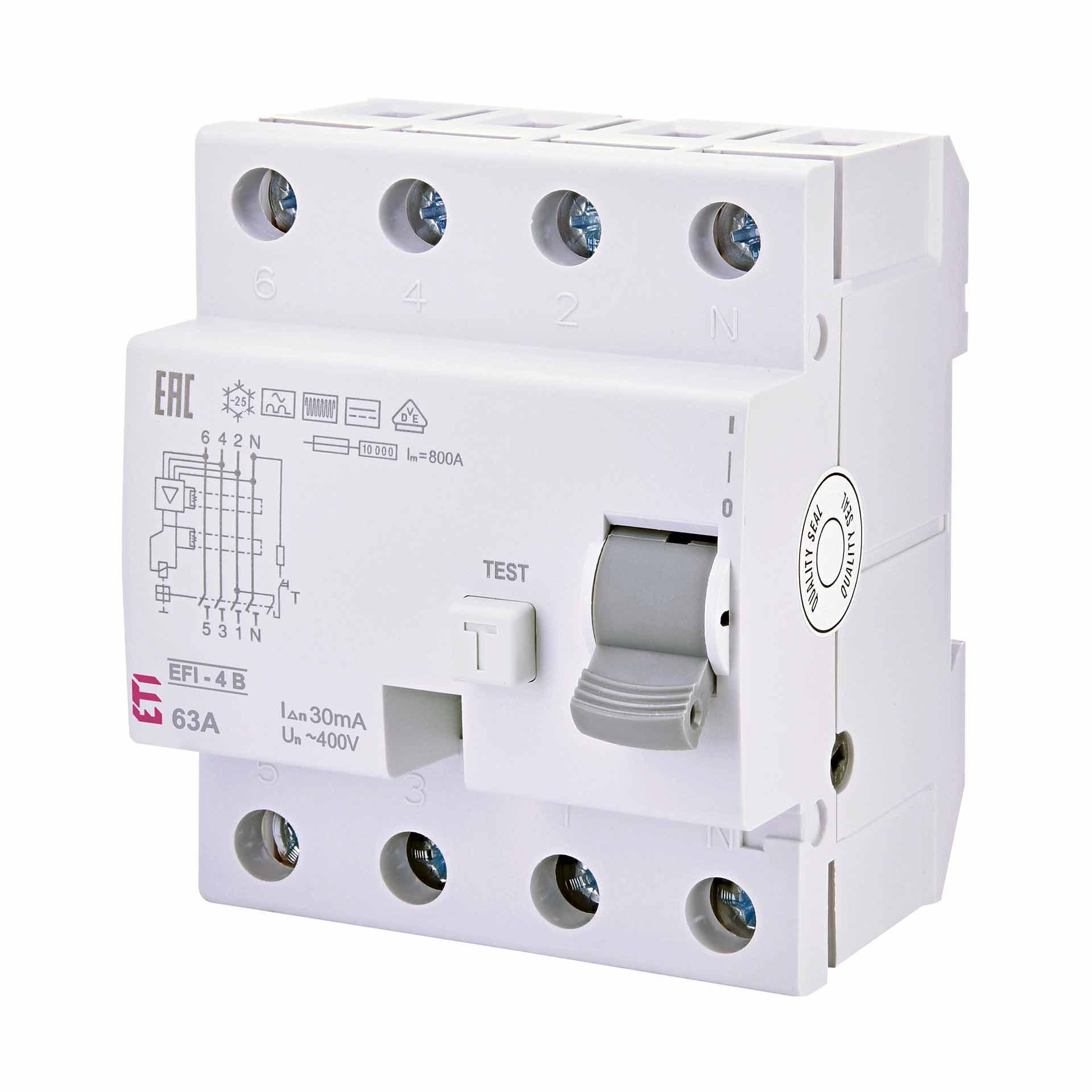 Fehlerstromschutzschalter unverzögert, EFI-4, Typ-B, 4-polig, 63A, 10kA (0.03A)