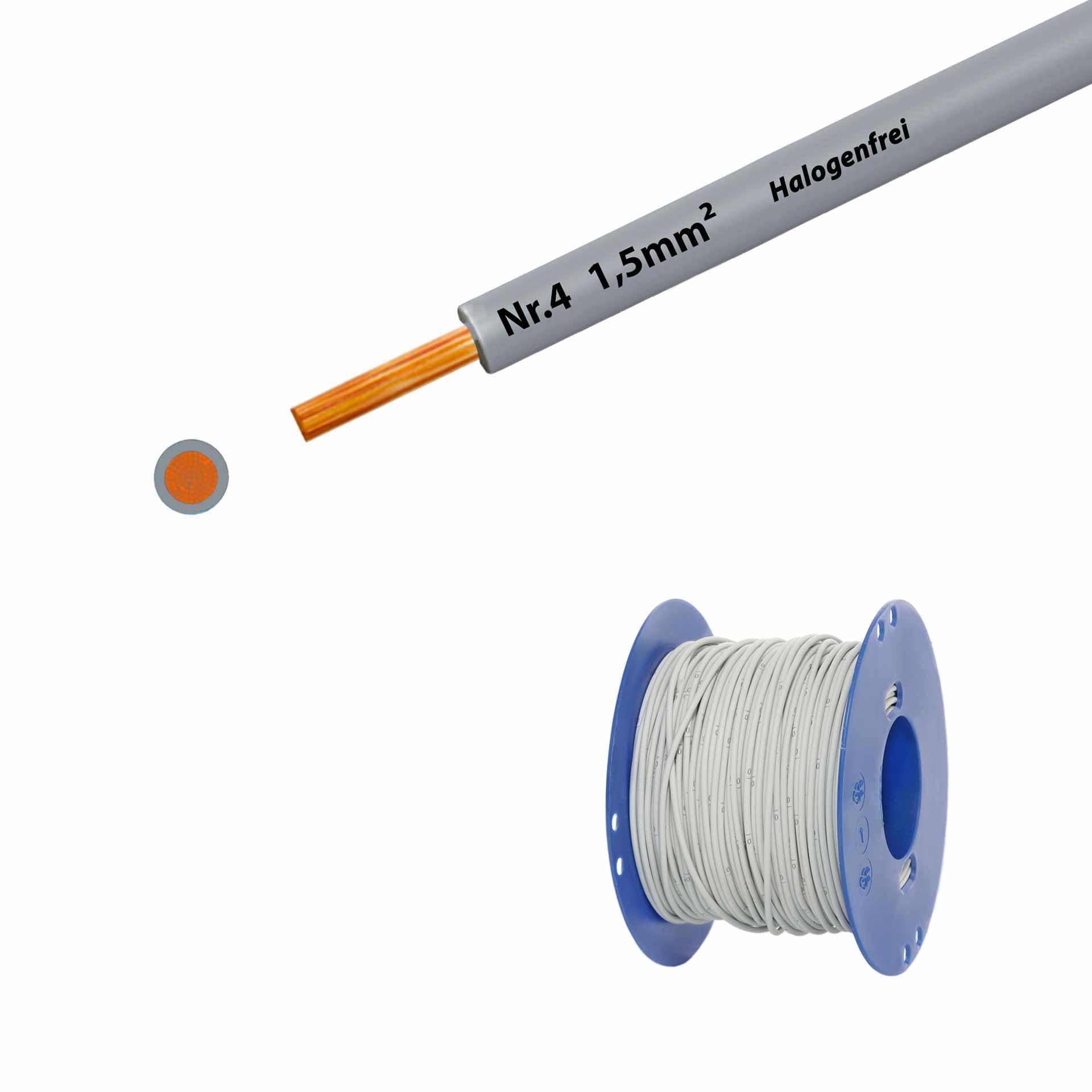 Litze halogenfrei 90° C , 750V, 1.50mm2, grau Nr. 4 (RAL 7035), auf Kunststoffrolle