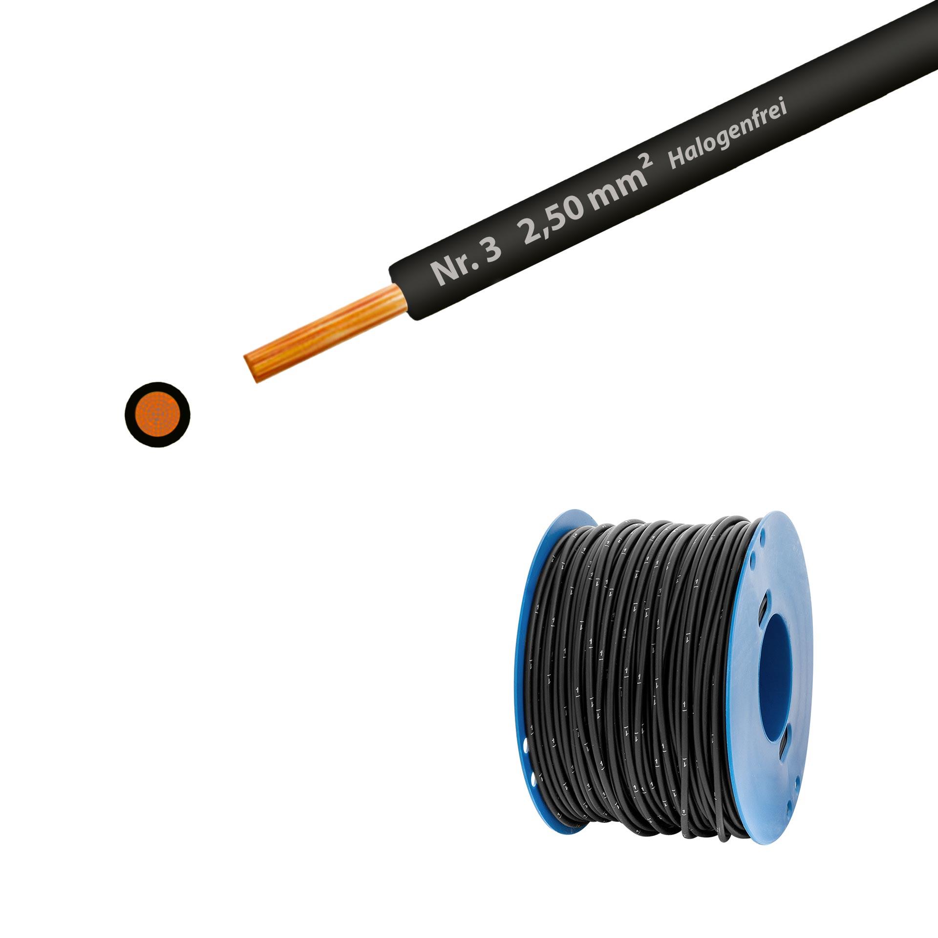 Litze halogenfrei 90° C , 750V, 2.50mm2, schwarz Nr. 3 (RAL 9005), auf Kunststoffrolle