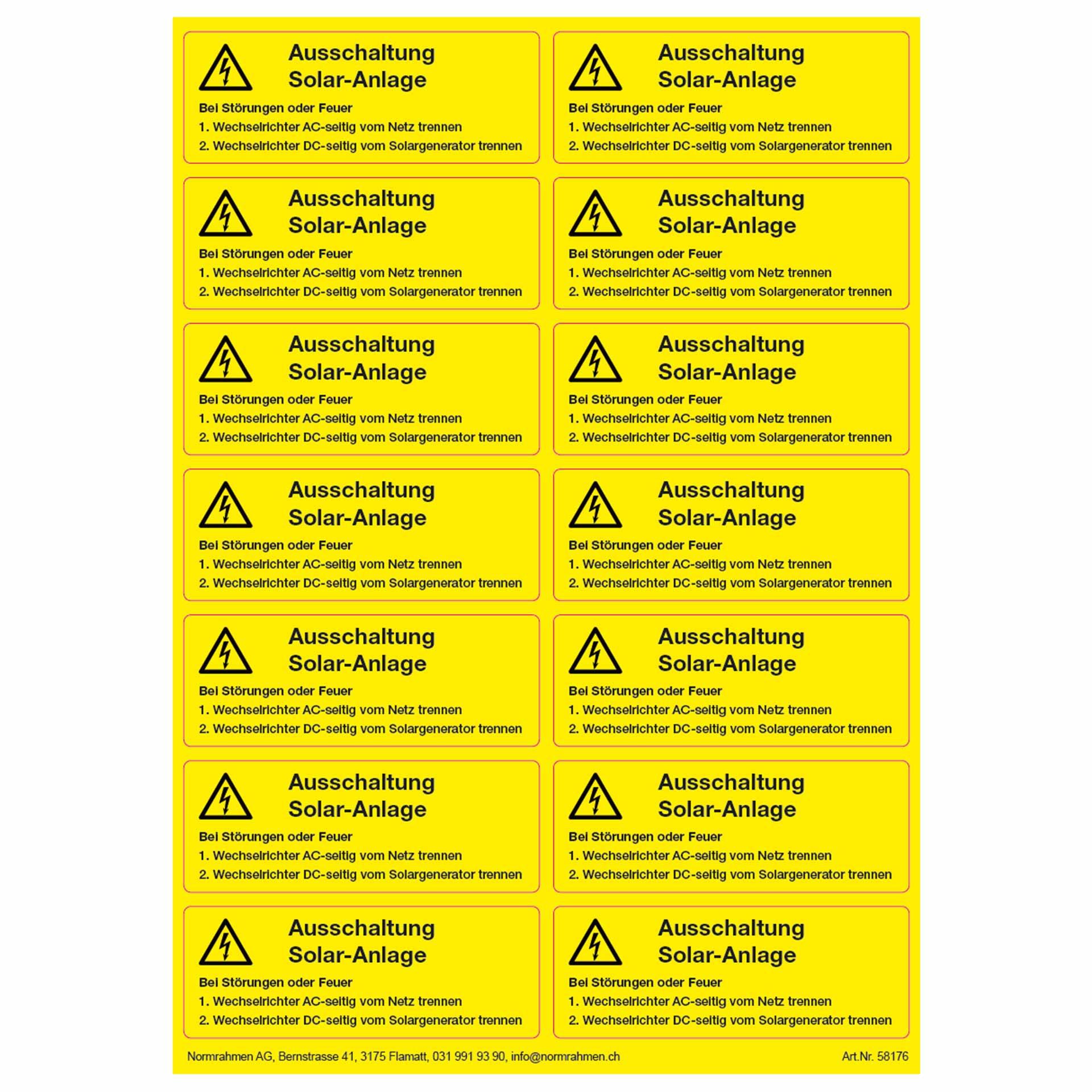 Ausschaltung Solar-Anlage, Klebergrösse: 100x37mm, 14 Stück auf A4 Bogen
