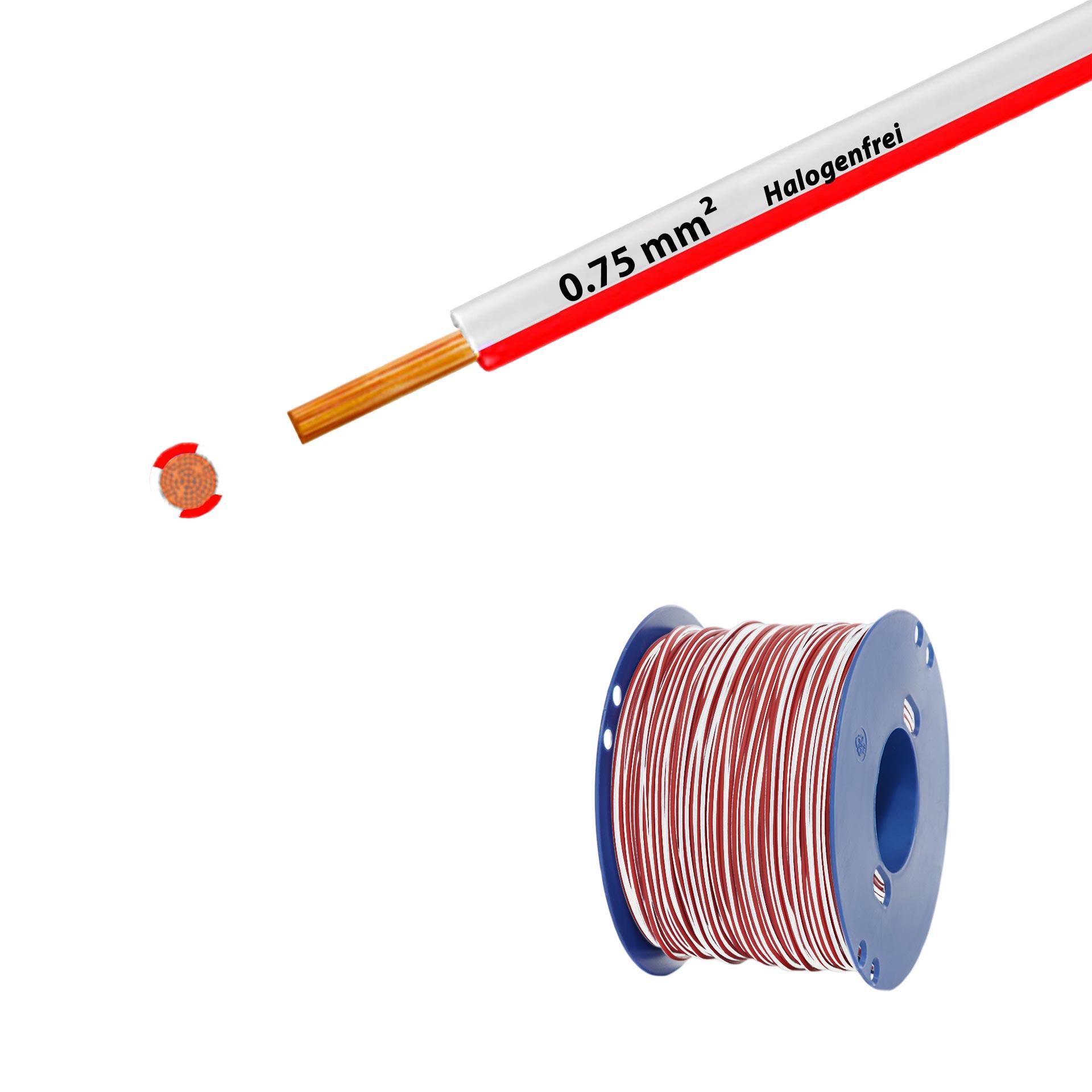 Litze halogenfrei 90° C , 500V, 0.75mm2, weiss-rot (RAL 9010/3000), auf Kunststoffrolle