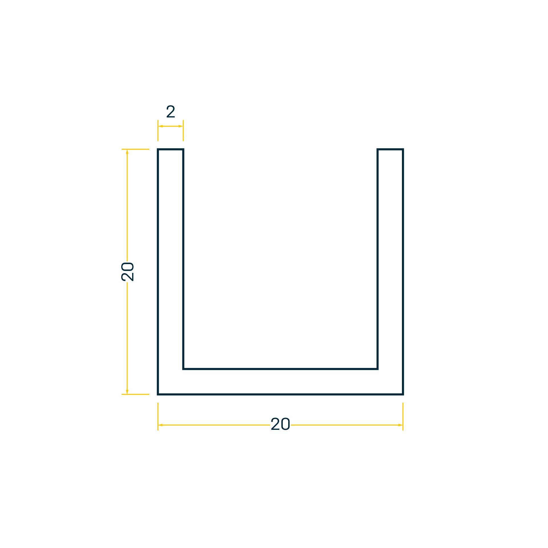 Alu U-Profil 20x20x2, Stange à 6m