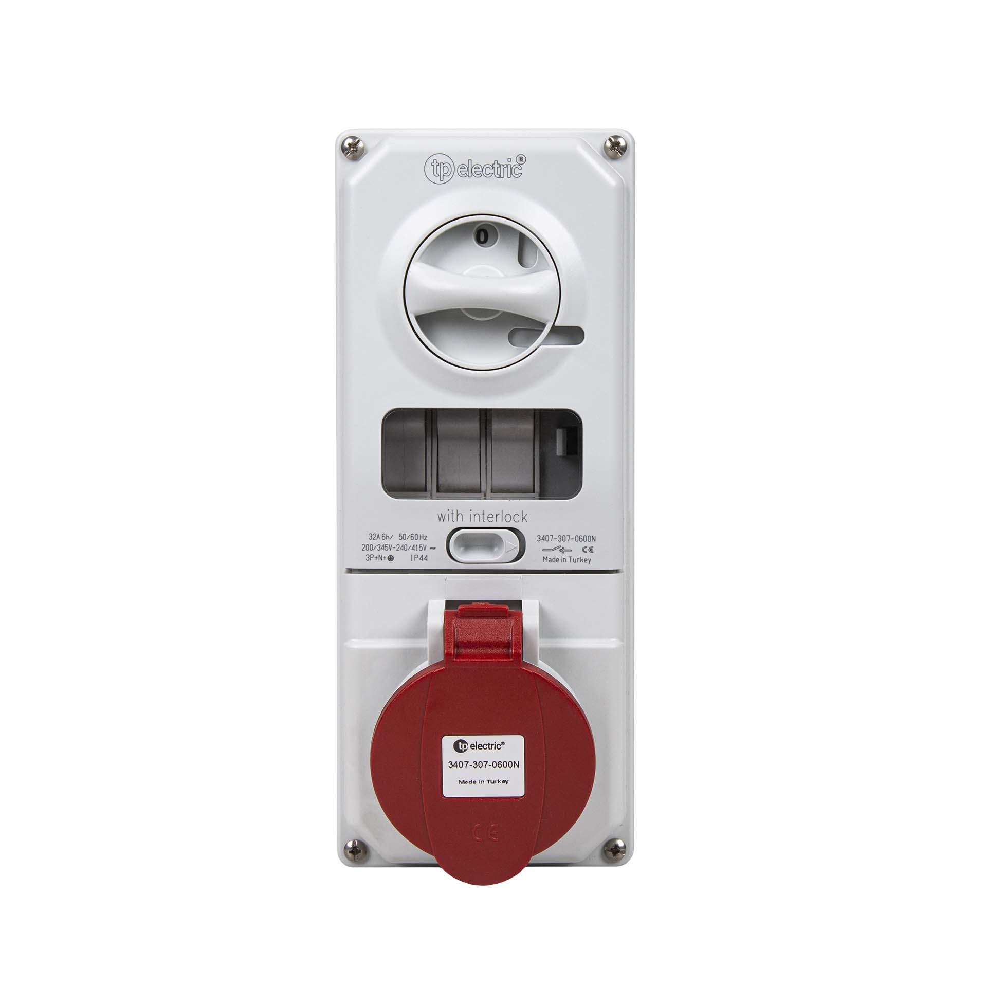 AP-Steckdose mit Hauptschalter und Sicherung CEE 32A 5P 6h, 3PNE 400V, vernickelte Kontakte