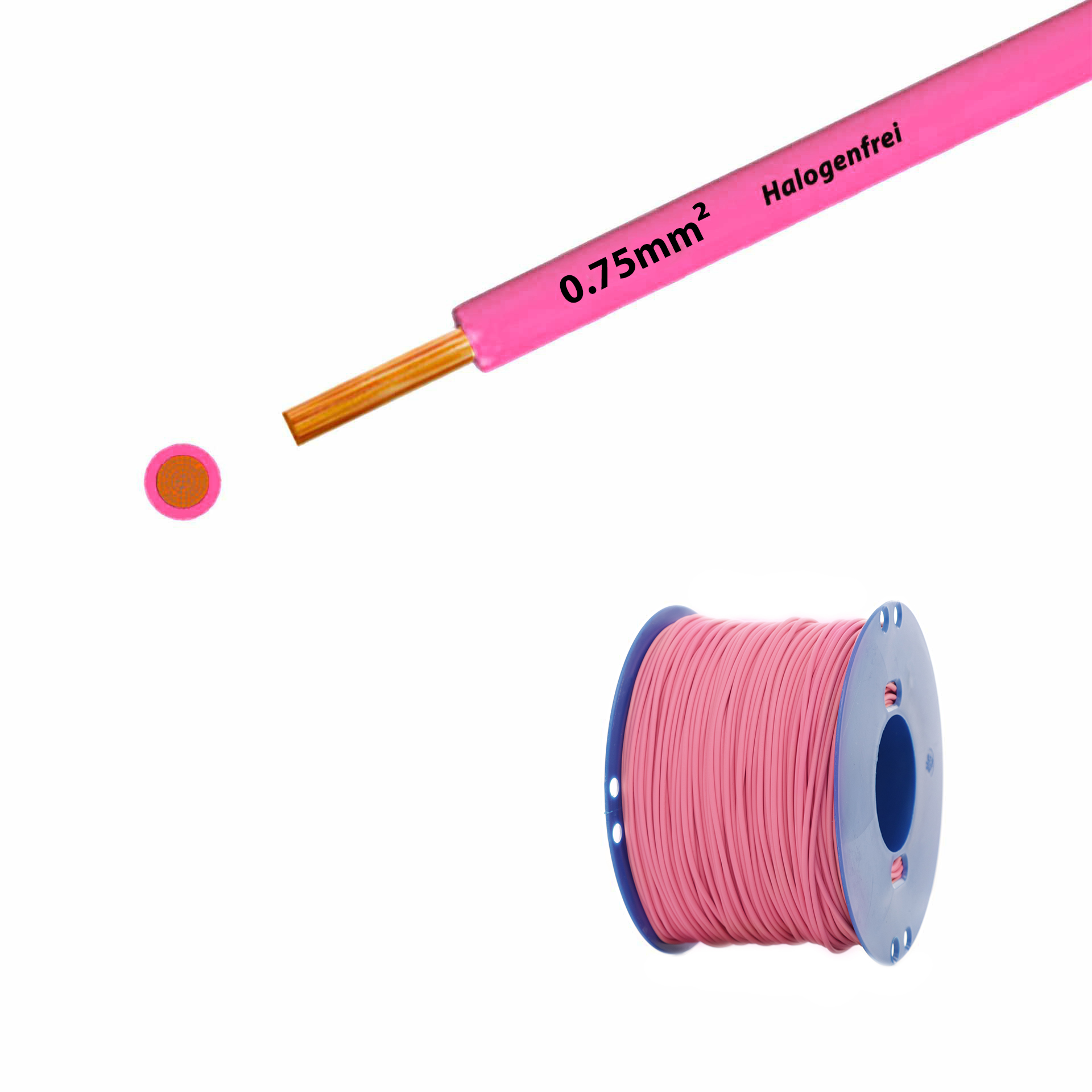 Litze halogenfrei 90° C , 500V, 0.75mm2, pink/rosa (RAL 3015), auf Kunststoffrolle