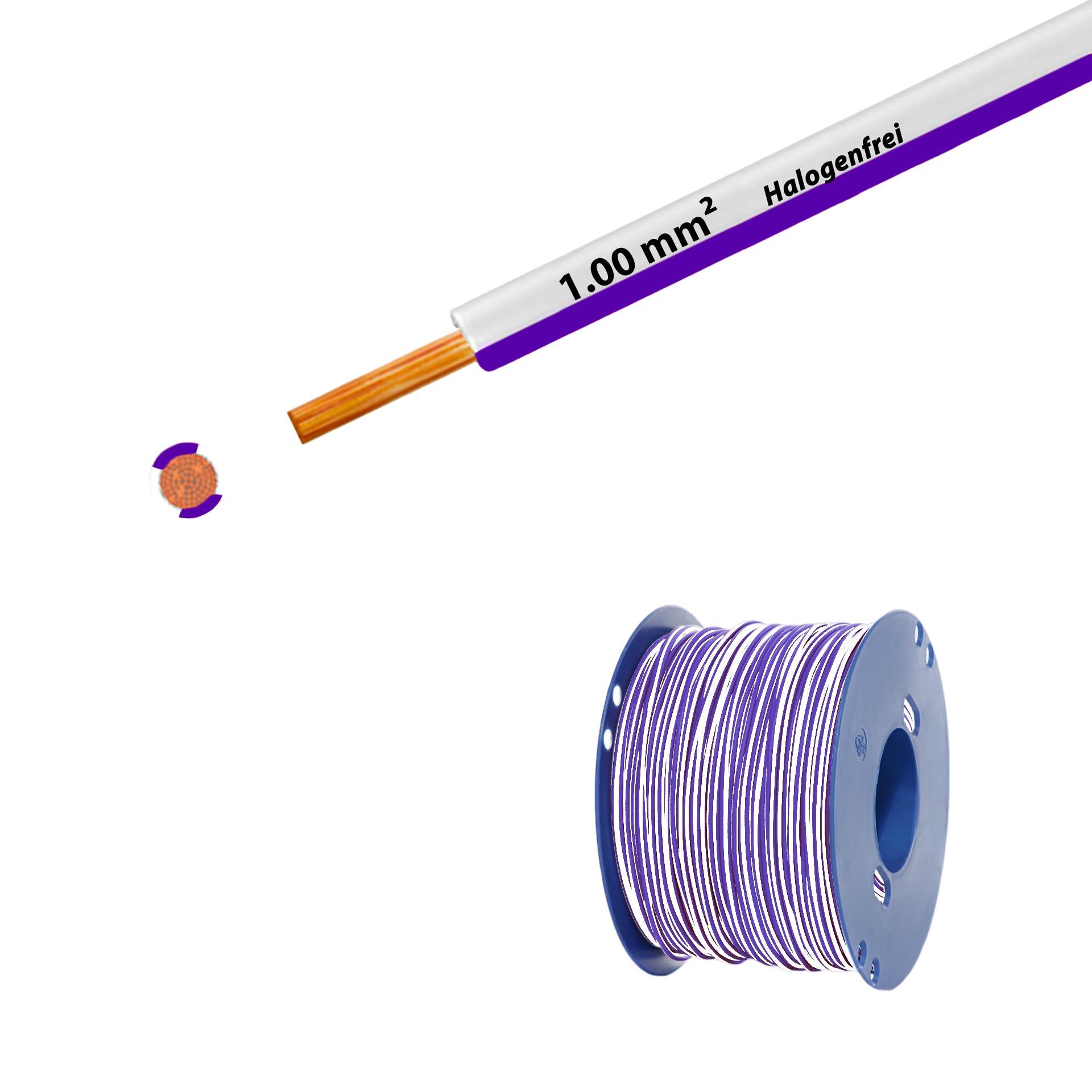 Litze halogenfrei 90° C , 500V, 1.00mm2, weiss-violet (RAL 9010/4005), auf Kunststoffrolle