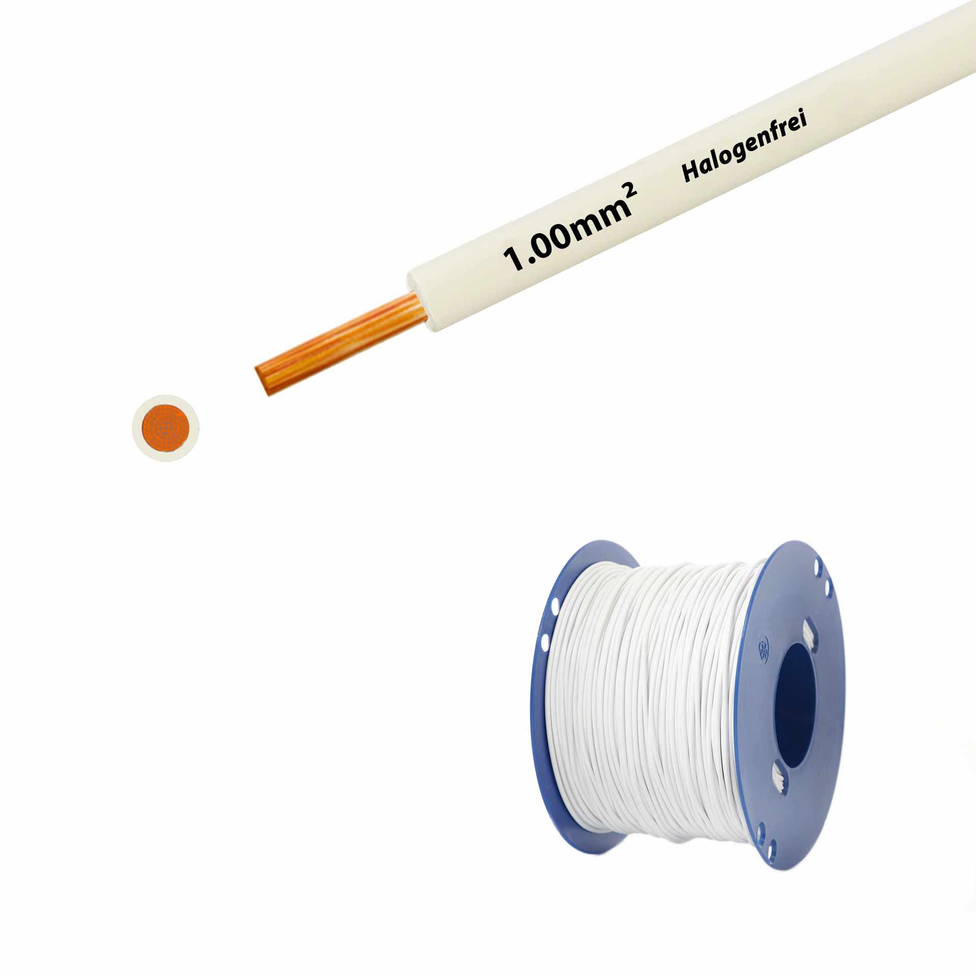 Litze halogenfrei 90° C , 500V, 1.00mm2, weiss (RAL 9010), auf Kunststoffrolle