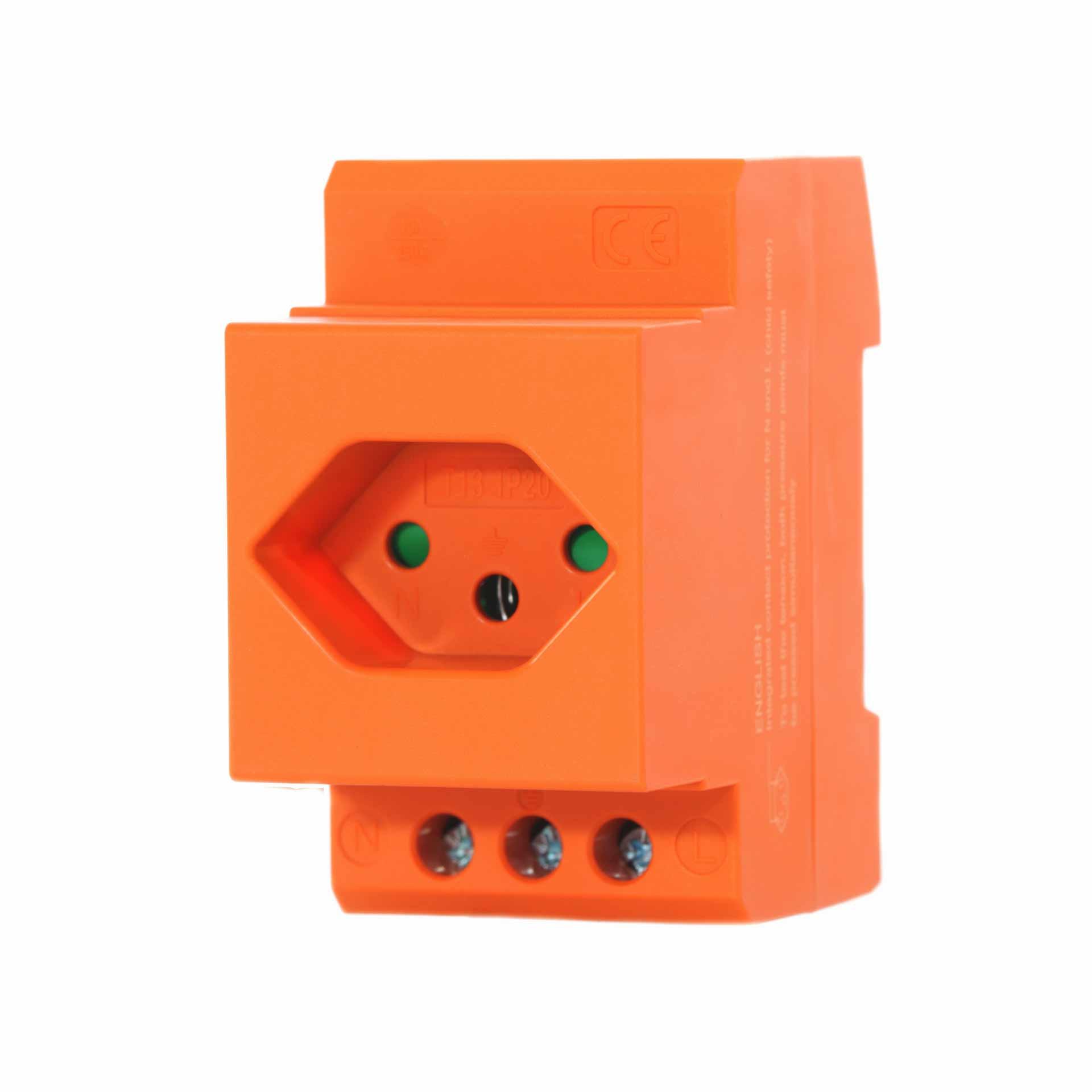 Einbausteckdose T13 10A für Din-Schiene, Nur 2.5 Modul breit (44mm), Orange RAL 2003
