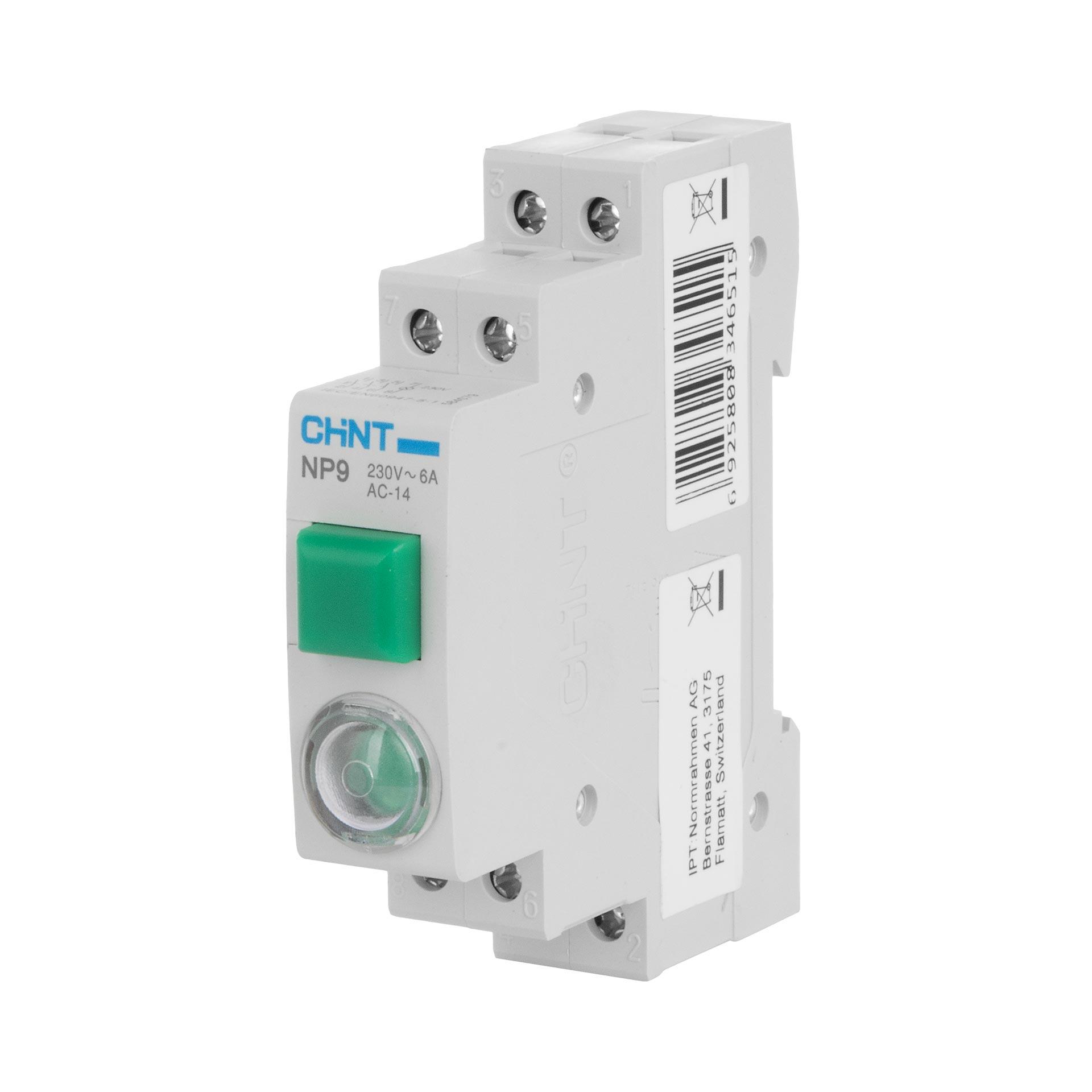 Chint REG Taster und Signal-Lampe (LED), 1-Modul, 230V AC/DC, grün, 16A (Ith), 6A (Ie), 2S & 1Ö