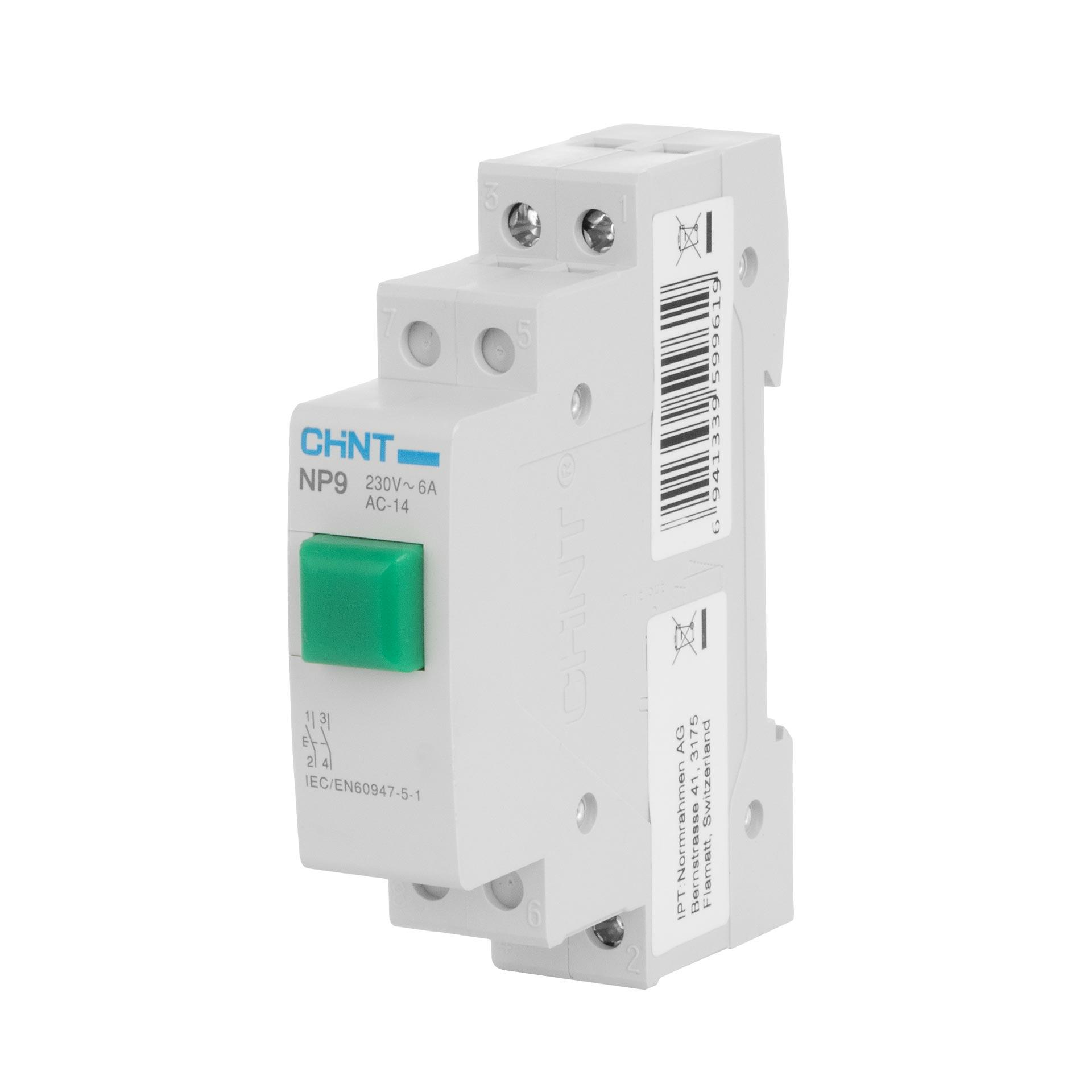 Chint REG Taster (grün), 1-Modul, 230V AC/DC, 16A (Ith), 6A (Ie), 2-Schliesser, Typ NP9-20/1