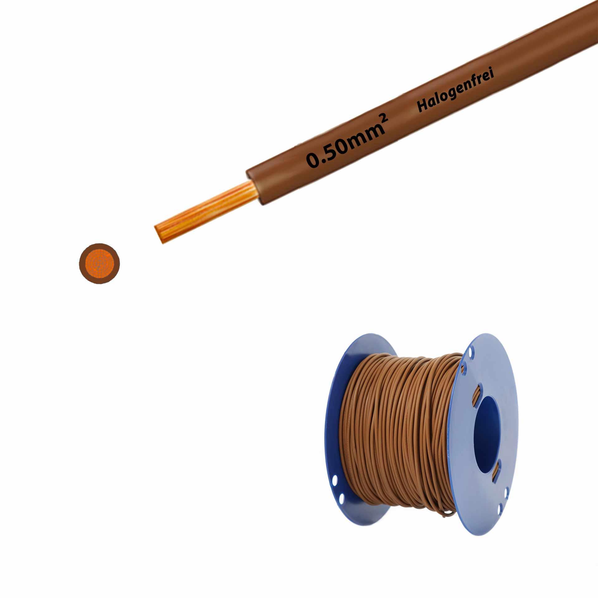 Litze halogenfrei 90° C , 500V, 0.50mm2, braun (RAL 8003), auf Kunststoffrolle