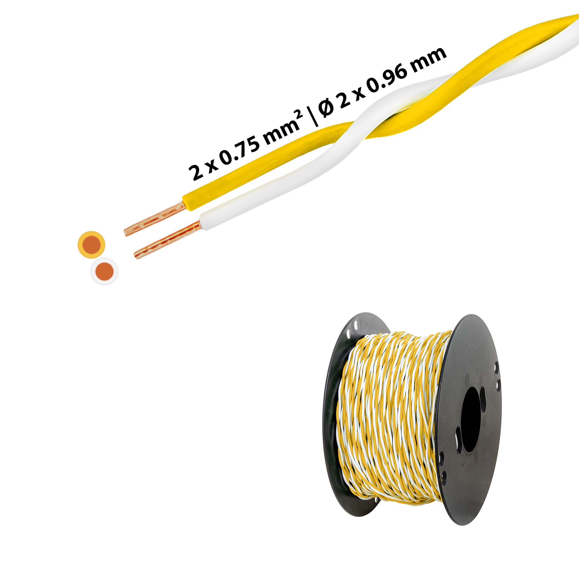 Verdrillter T-Draht 2 x 0.75mm2, weiss-gelb, auf Kunststoffrolle
