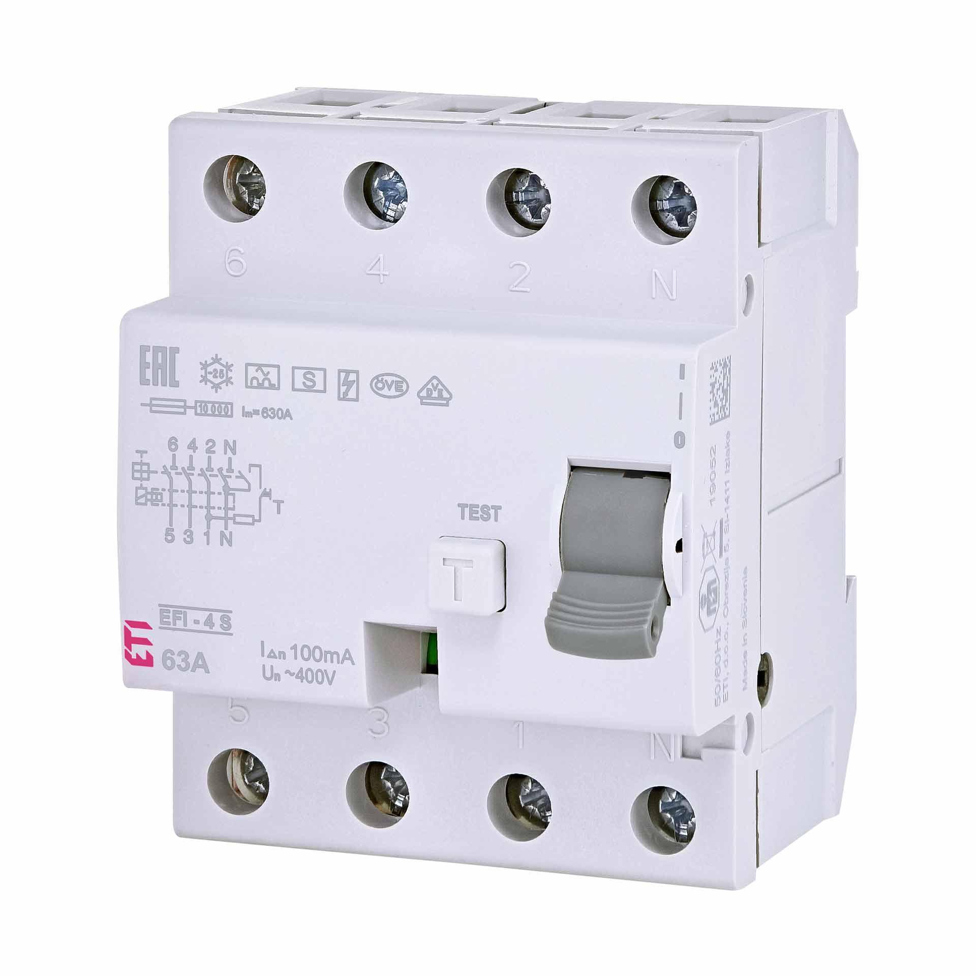 Fehlerstromschutzschalter selektiv, EFI-4, Typ-A, S-selektiv, 4-polig, 63A, 10kA (0.1A)