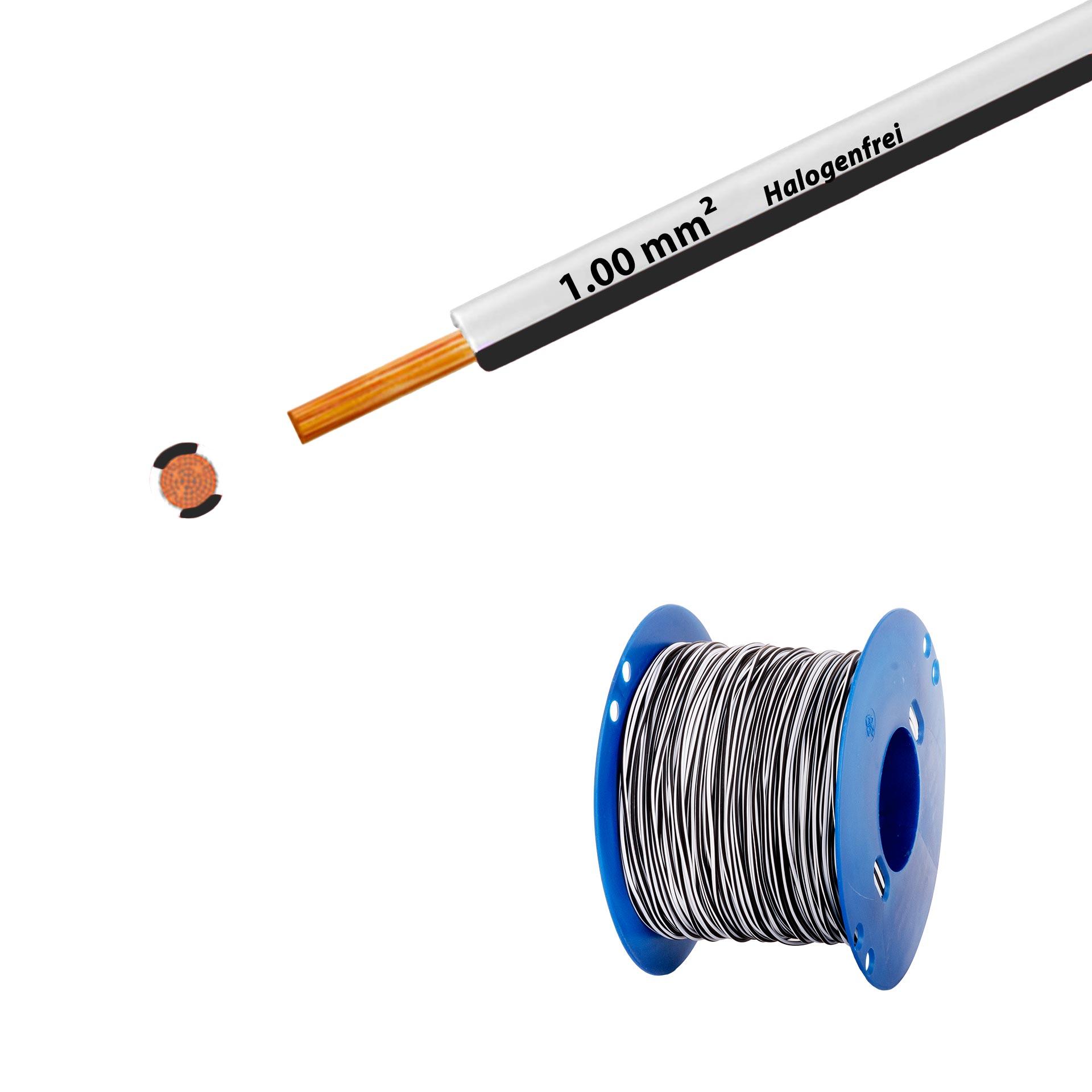 Litze halogenfrei 90° C , 500V, 1.00mm2, weiss-schwarz (RAL 9010/9005), auf Kunststoffrolle