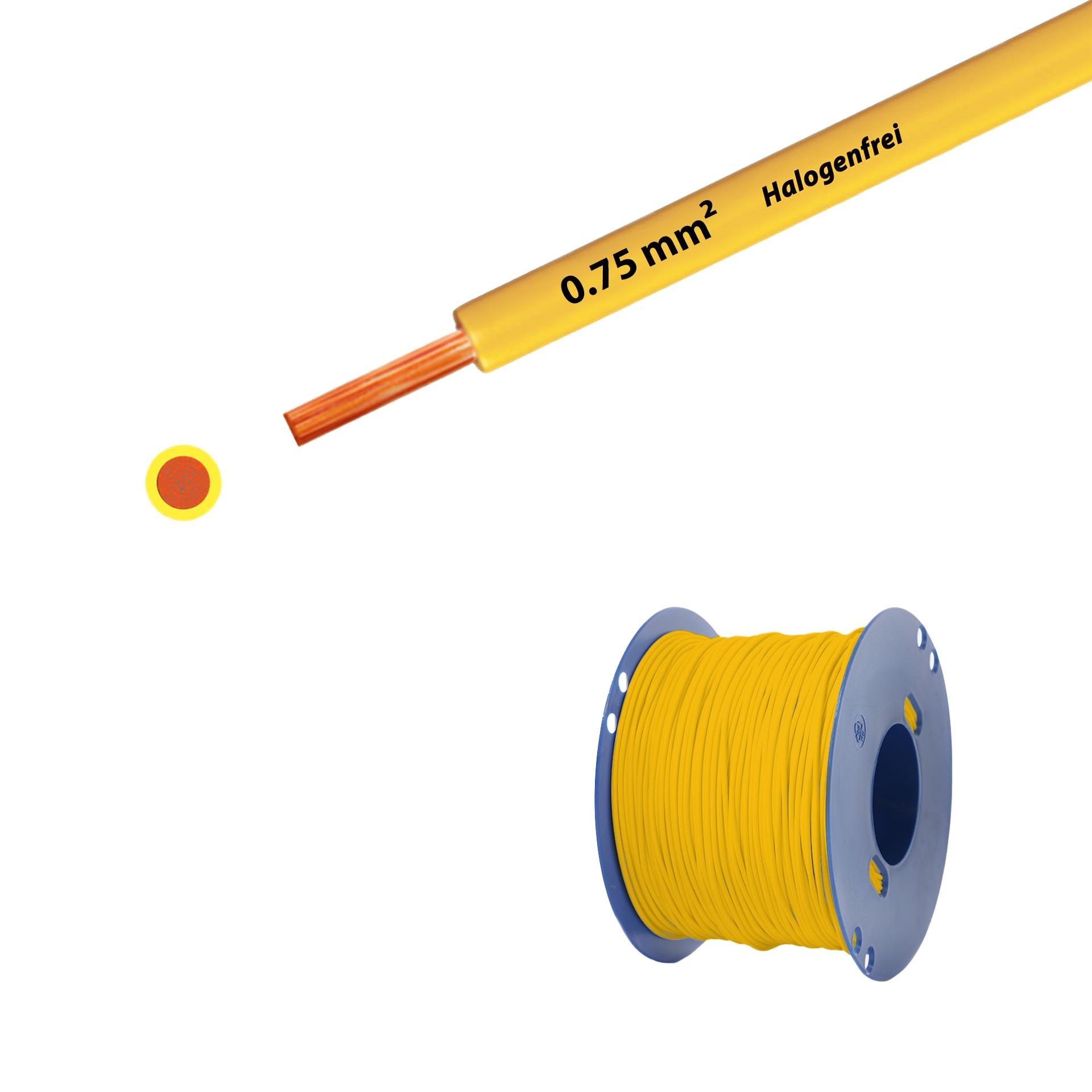 Litze halogenfrei 90° C , 500V, 0.75mm2, gelb (RAL 1021), auf Kunststoffrolle