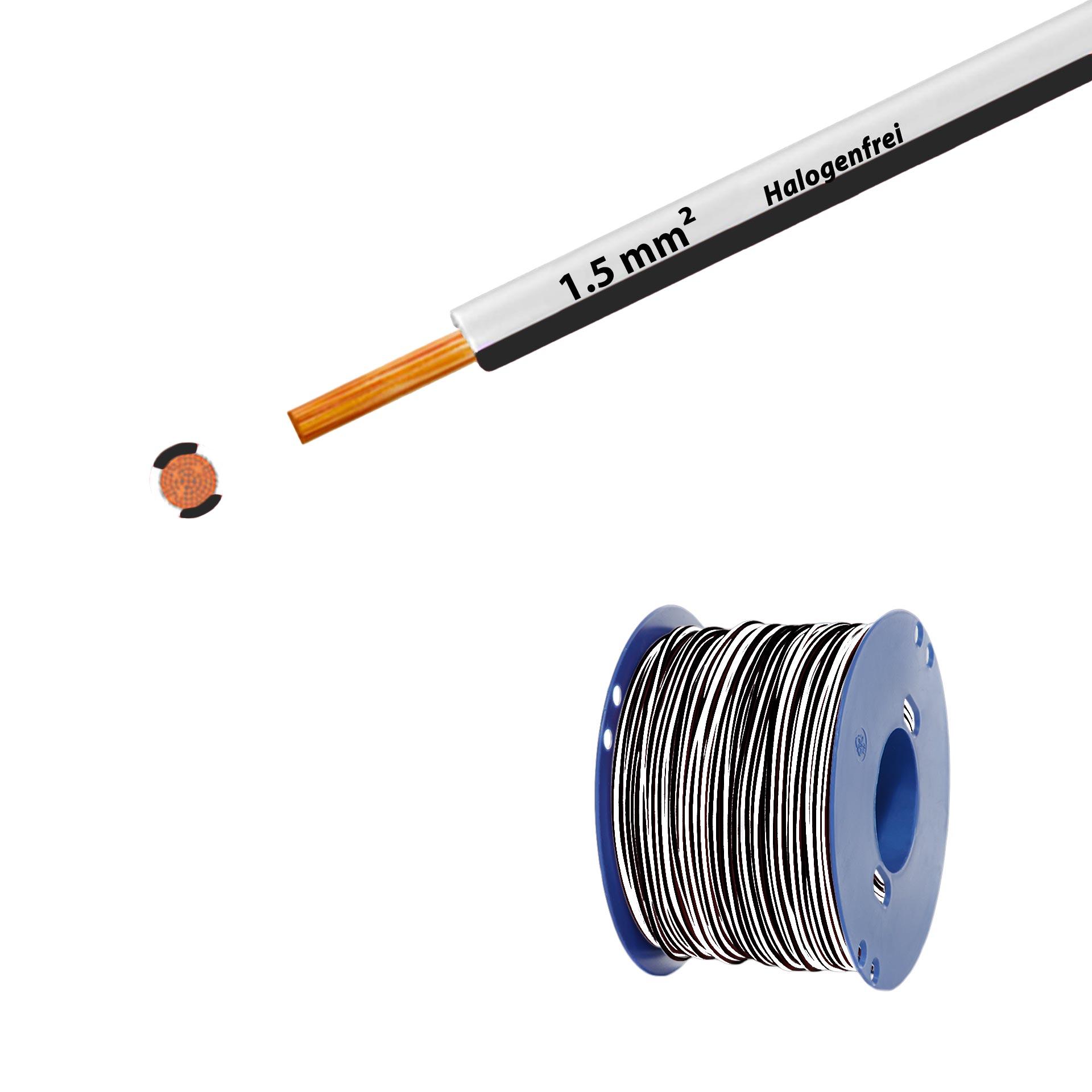 Litze halogenfrei 90° C , 750V, 1.50mm2, weiss-schwarz (RAL 9010/9005), auf Kunststoffrolle