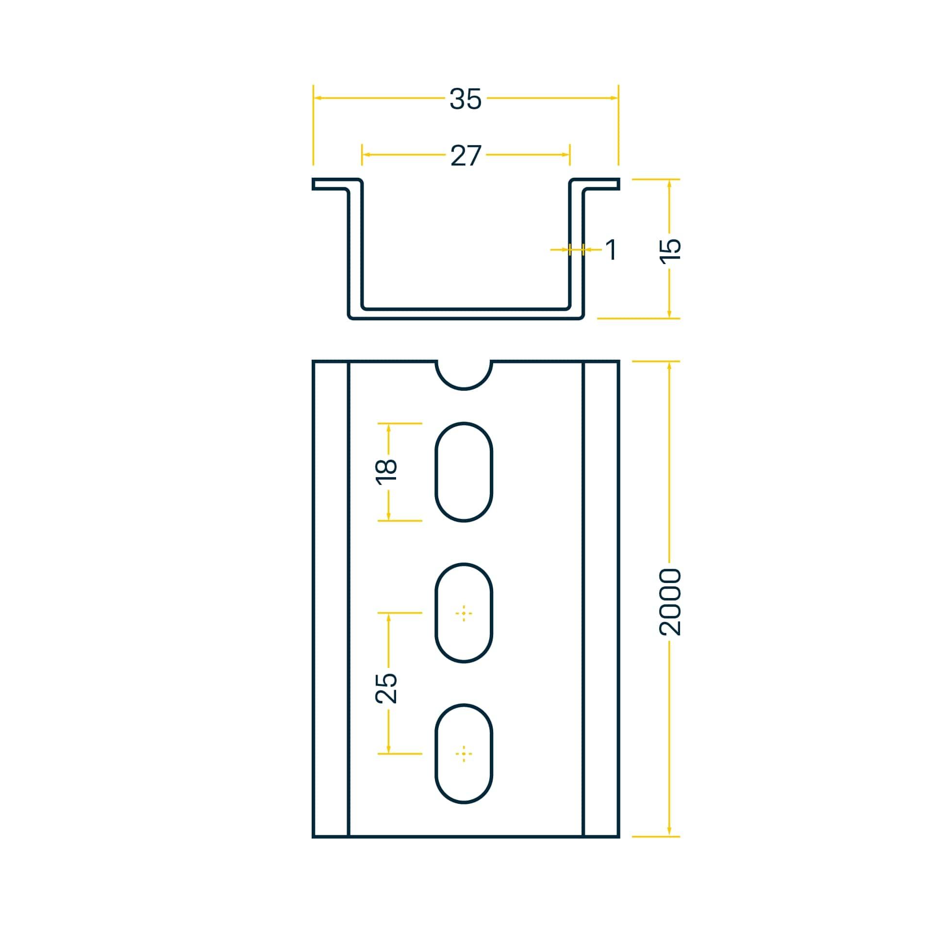 DIN Hutschiene 35x15mm, 2m Stange, Stahl verzinkt, Langlöcher 6.3x18mm (Abstand 25mm)