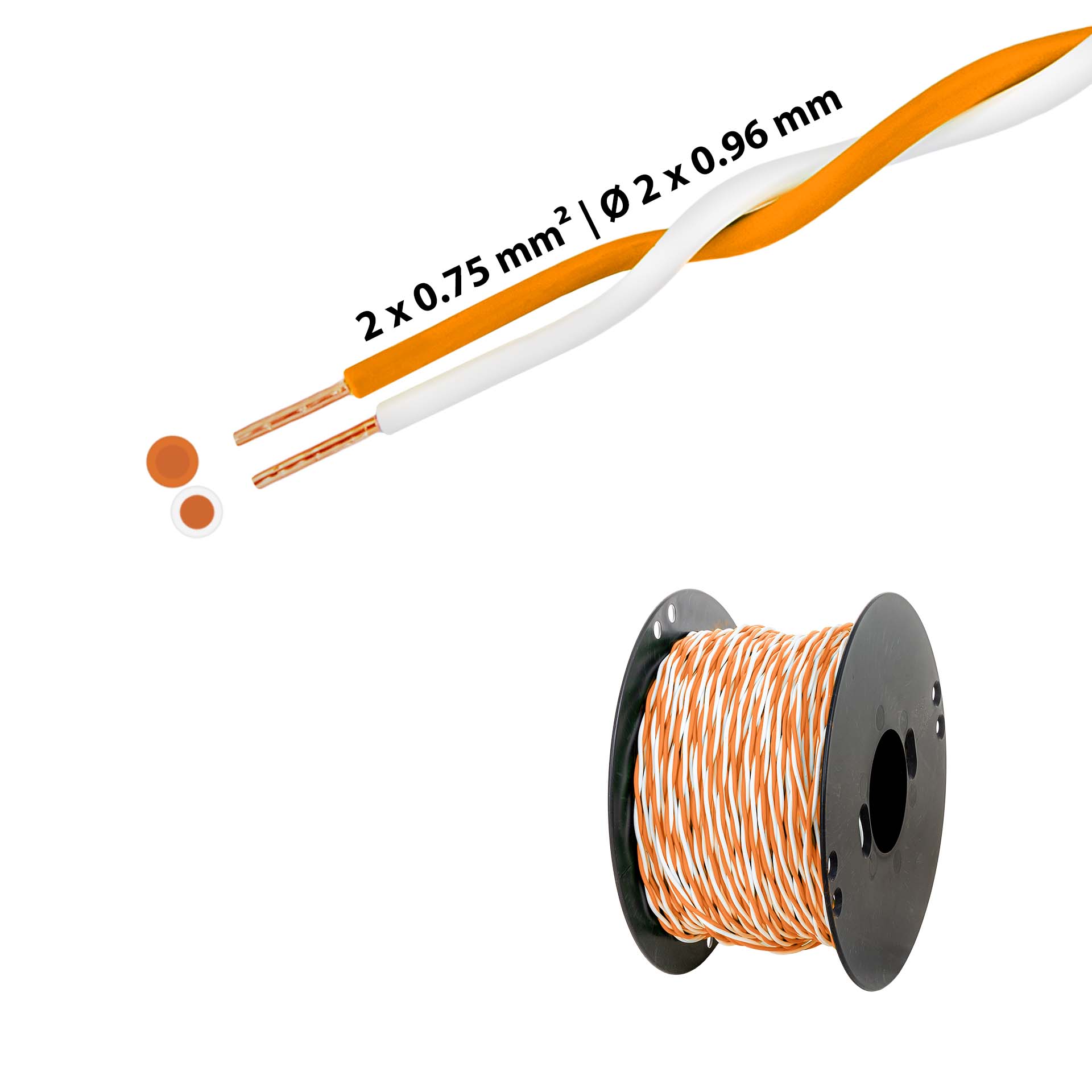Verdrillter T-Draht 2 x 0.75mm2, weiss-orange, auf Kunststoffrolle