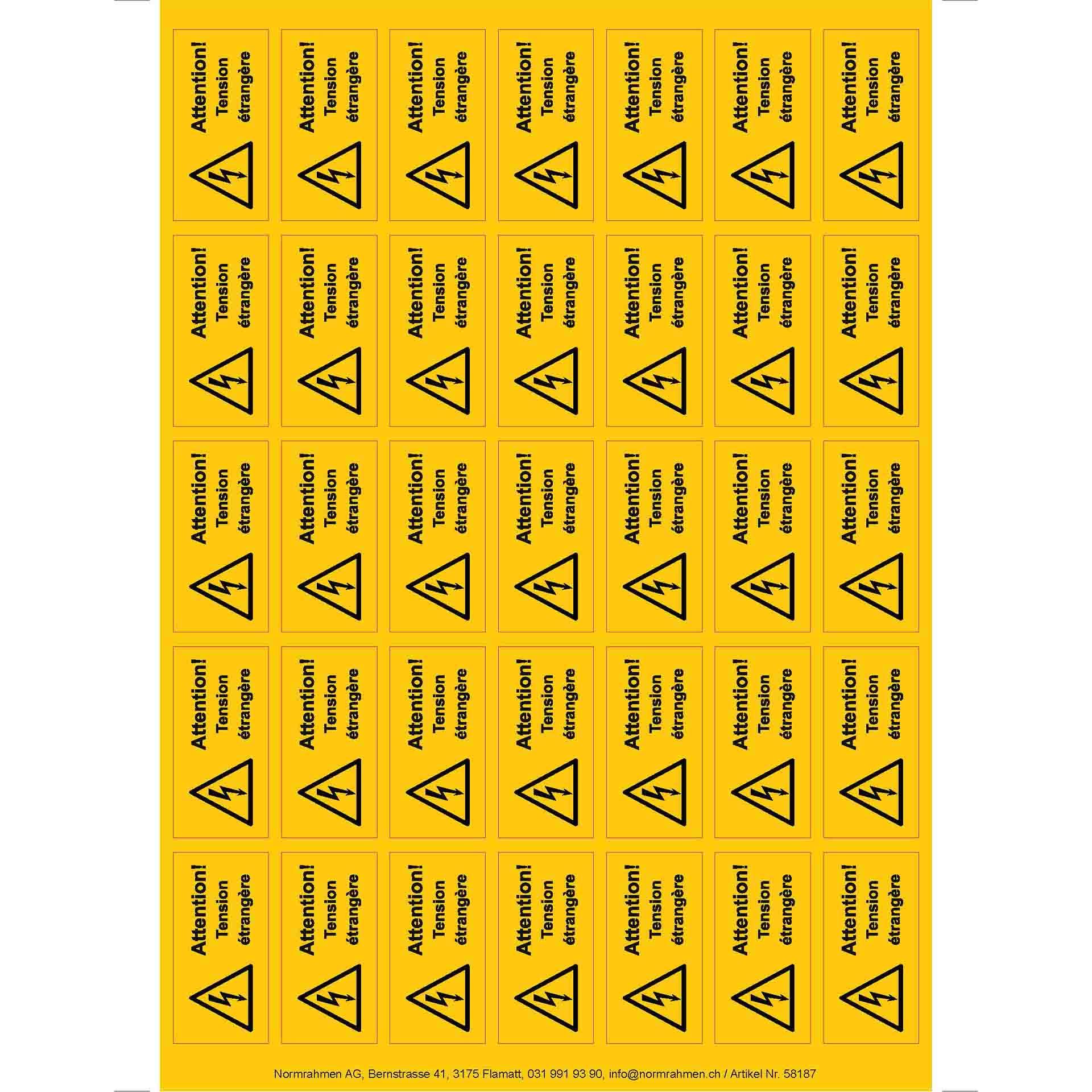 Autocollant "Attention! Tension étrangère" jaune 52x26 mm, Lot de 35 pièces, Feuille A4