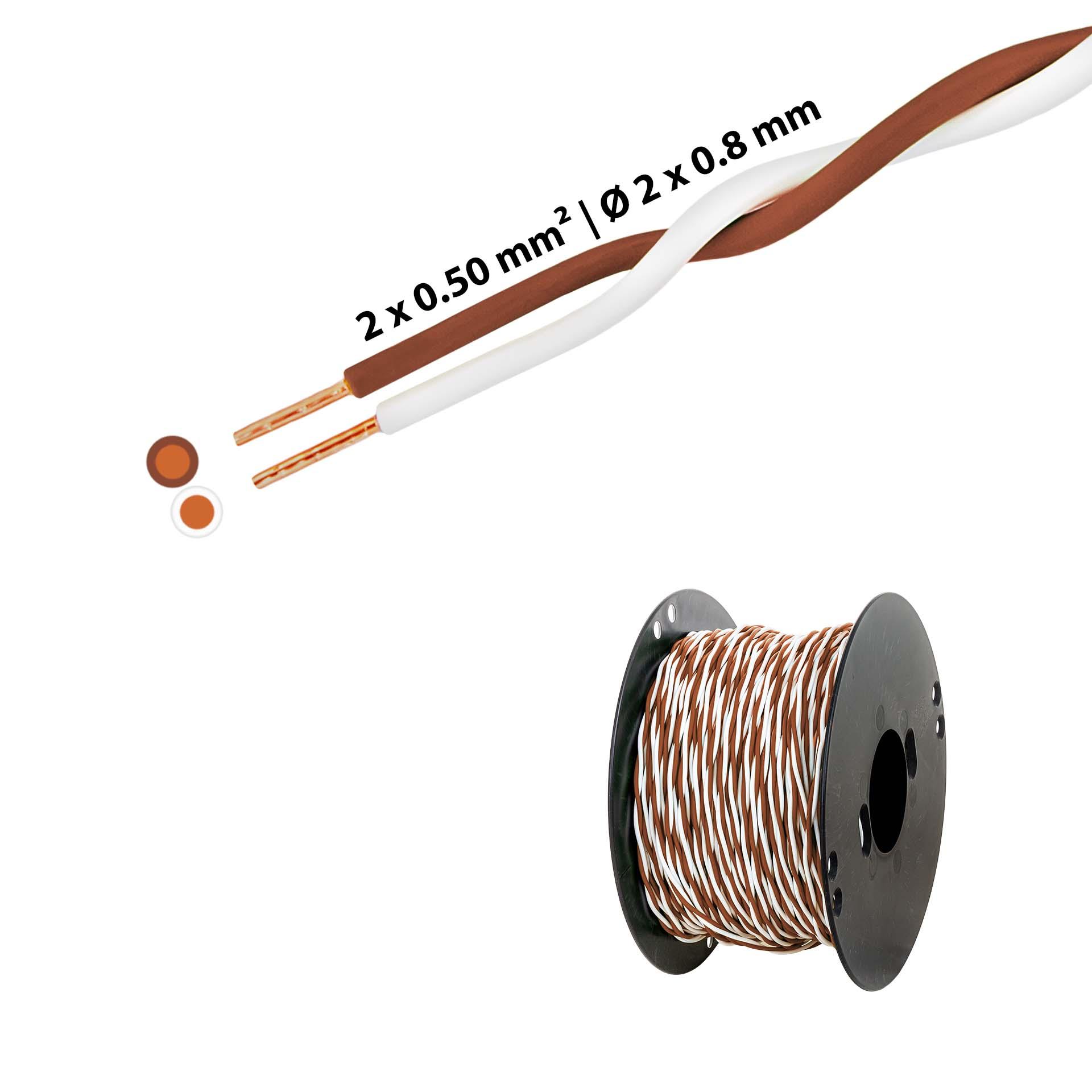 Verdrillter T-Draht 2 x 0.5mm2, weiss-braun, auf Kunststoffrolle