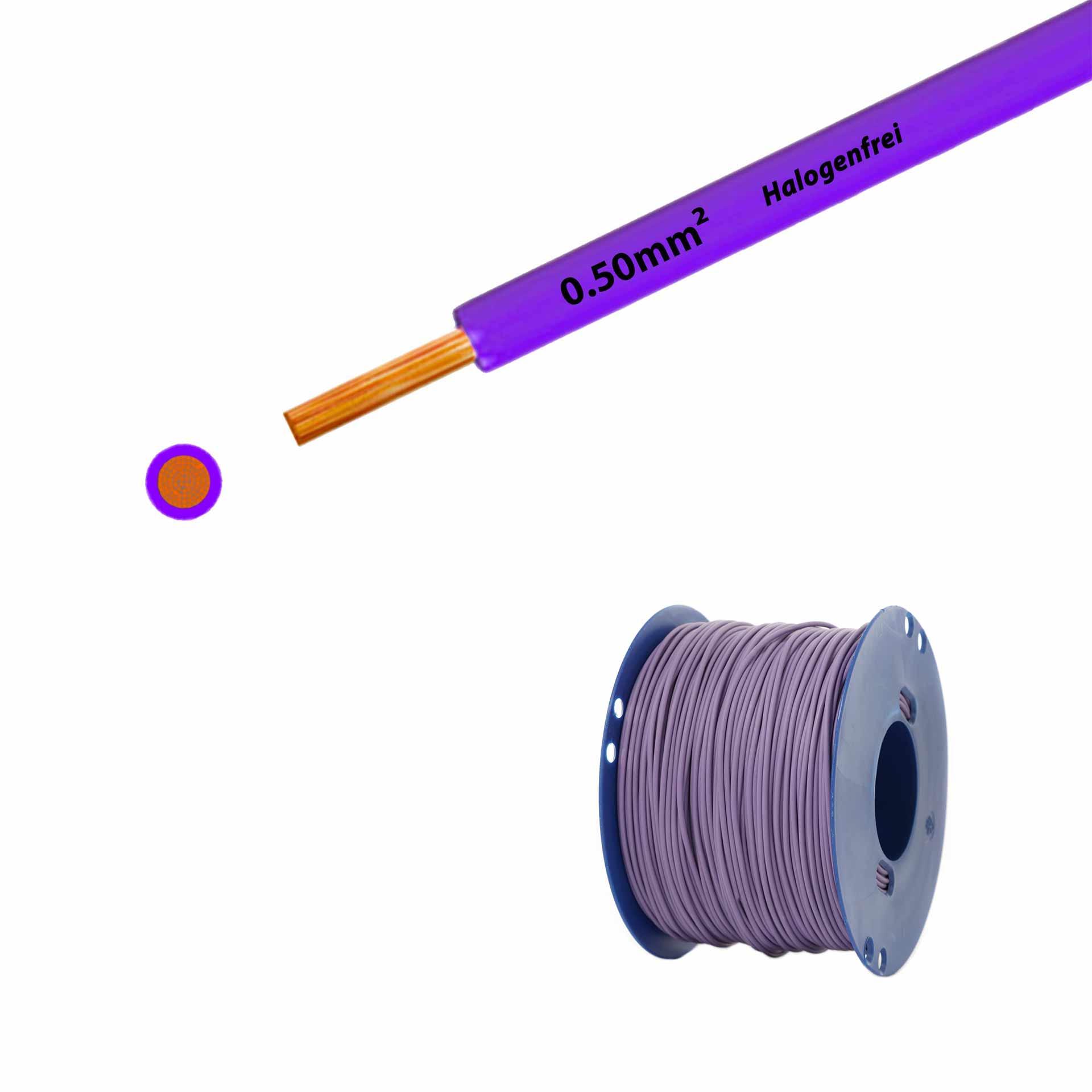 Litze halogenfrei 90° C , 500V, 0.50mm2, violett (RAL 4005), auf Kunststoffrolle