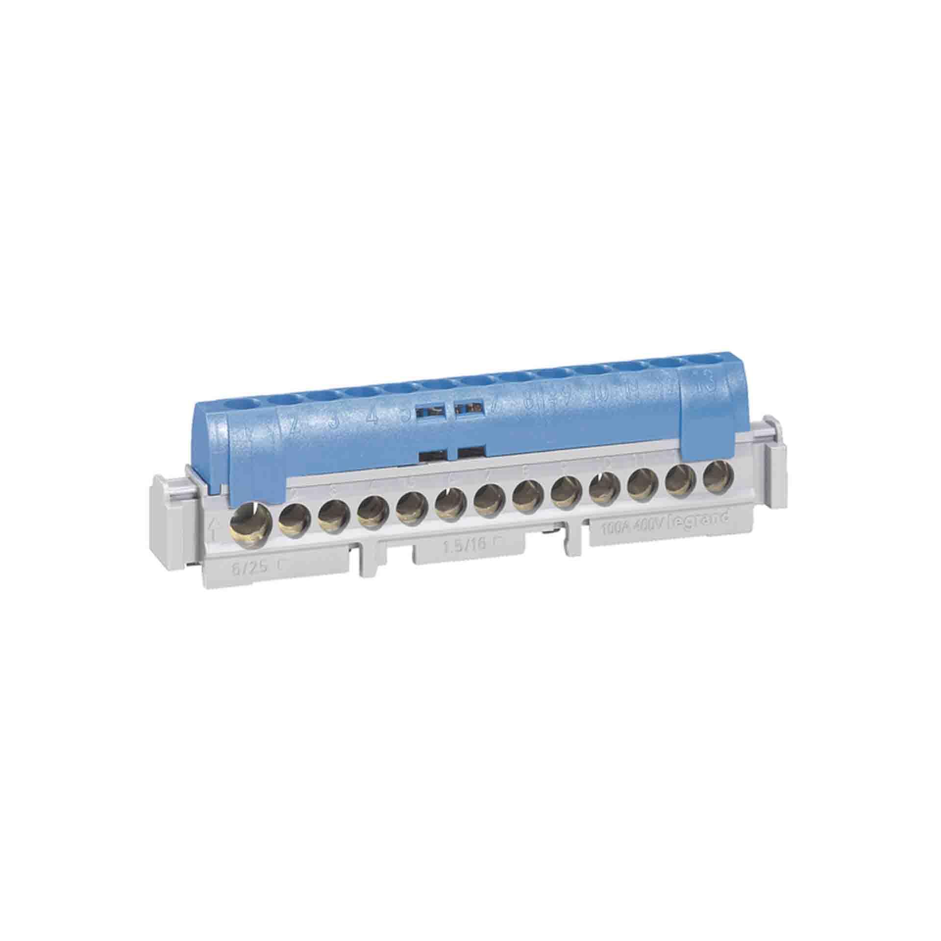 Klemmleiste 80A, isoliert blau mit Schraubanschluss 1x6-25mm² und 12x1,5-16mm²