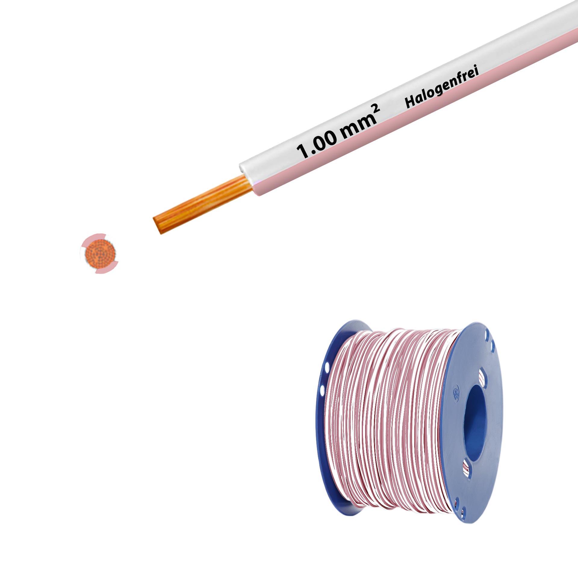 Litze halogenfrei 90° C , 500V, 1.00mm2, weiss-pink/rosa (RAL 9010/3015),auf Kunststoffrolle