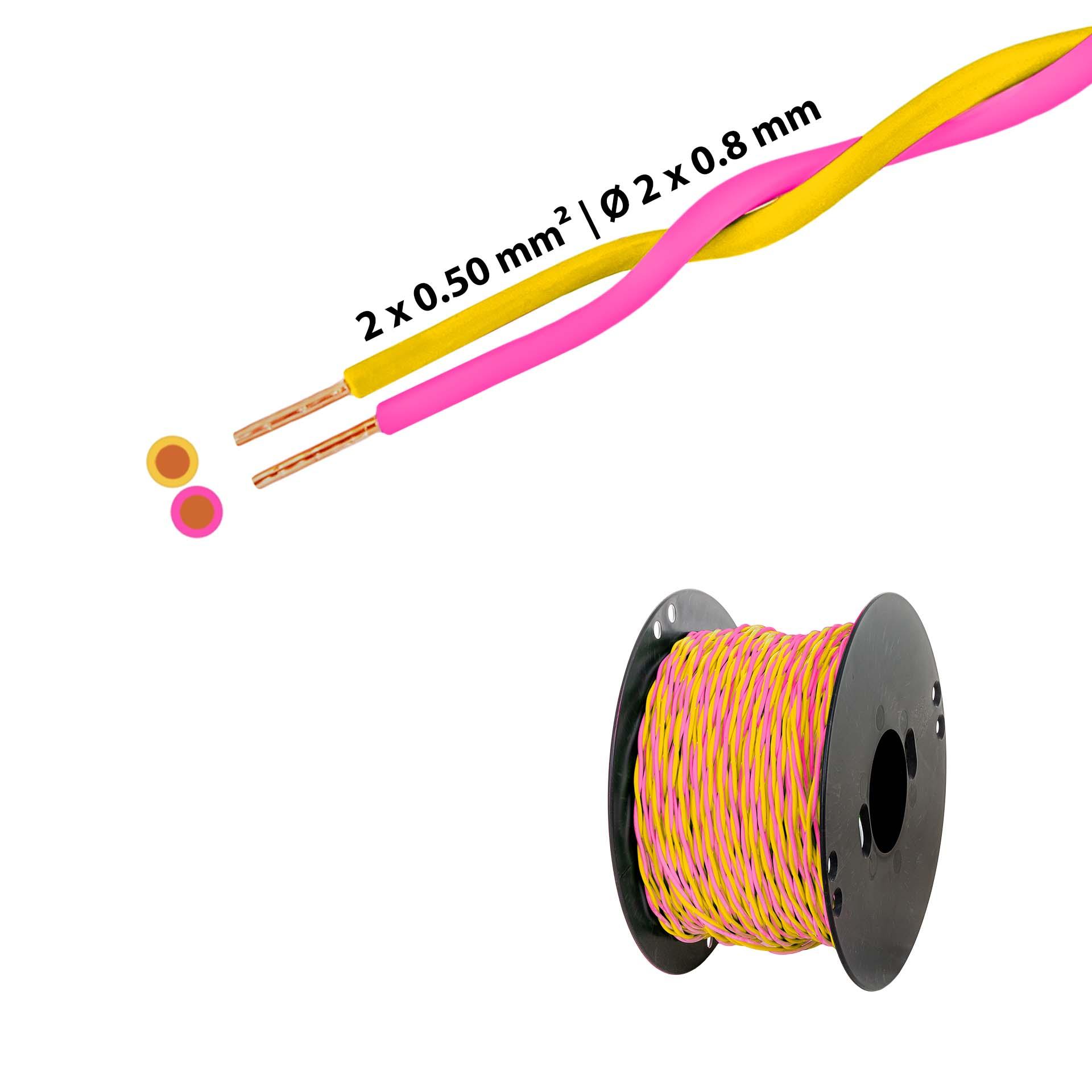 Verdrillter T-Draht 2 x 0.5mm2, gelb-rosa, auf Kunststoffrolle