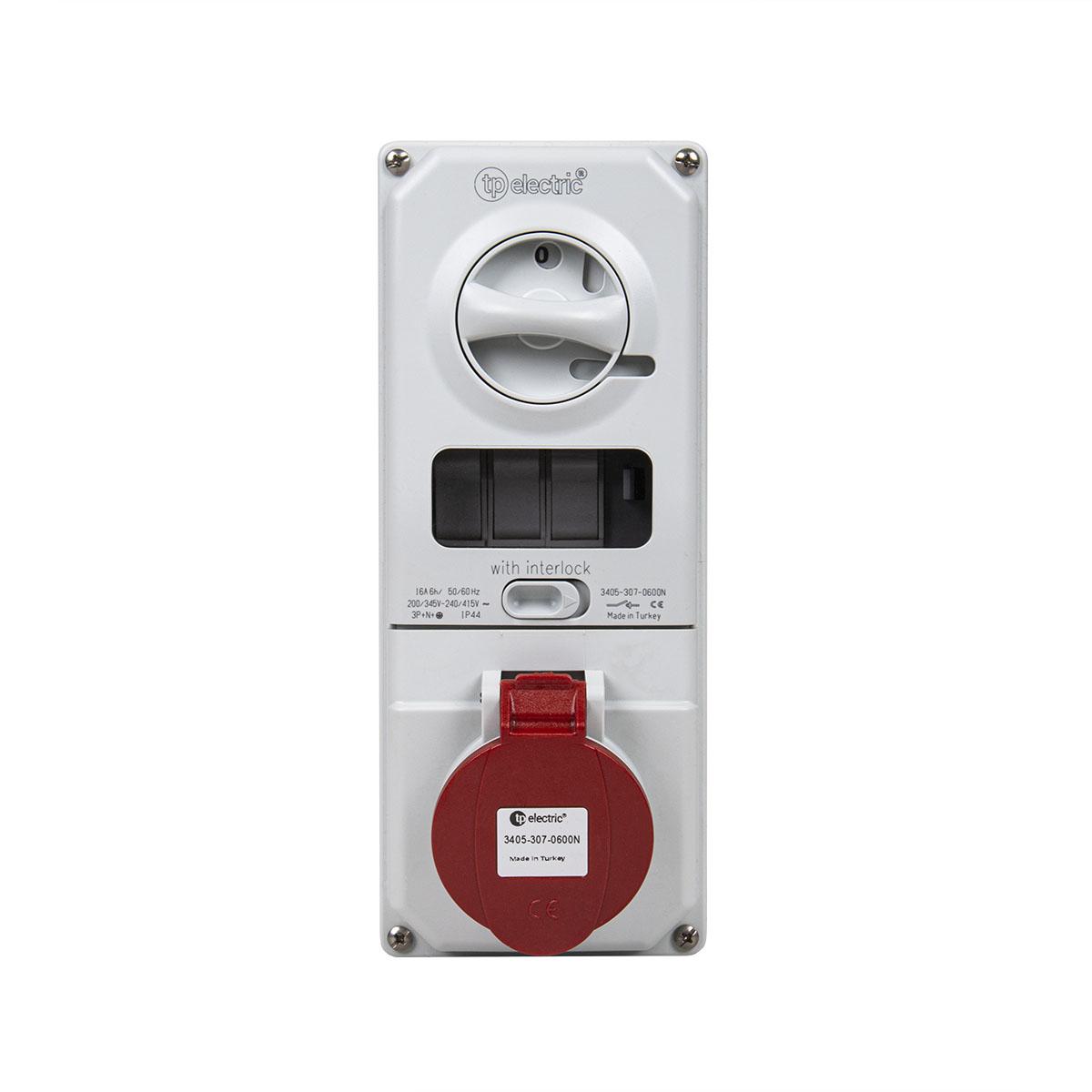 AP-Steckdose mit Hauptschalter und Sicherung CEE 16A 5P 6h, 3PNE 400V, vernickelte Kontakte